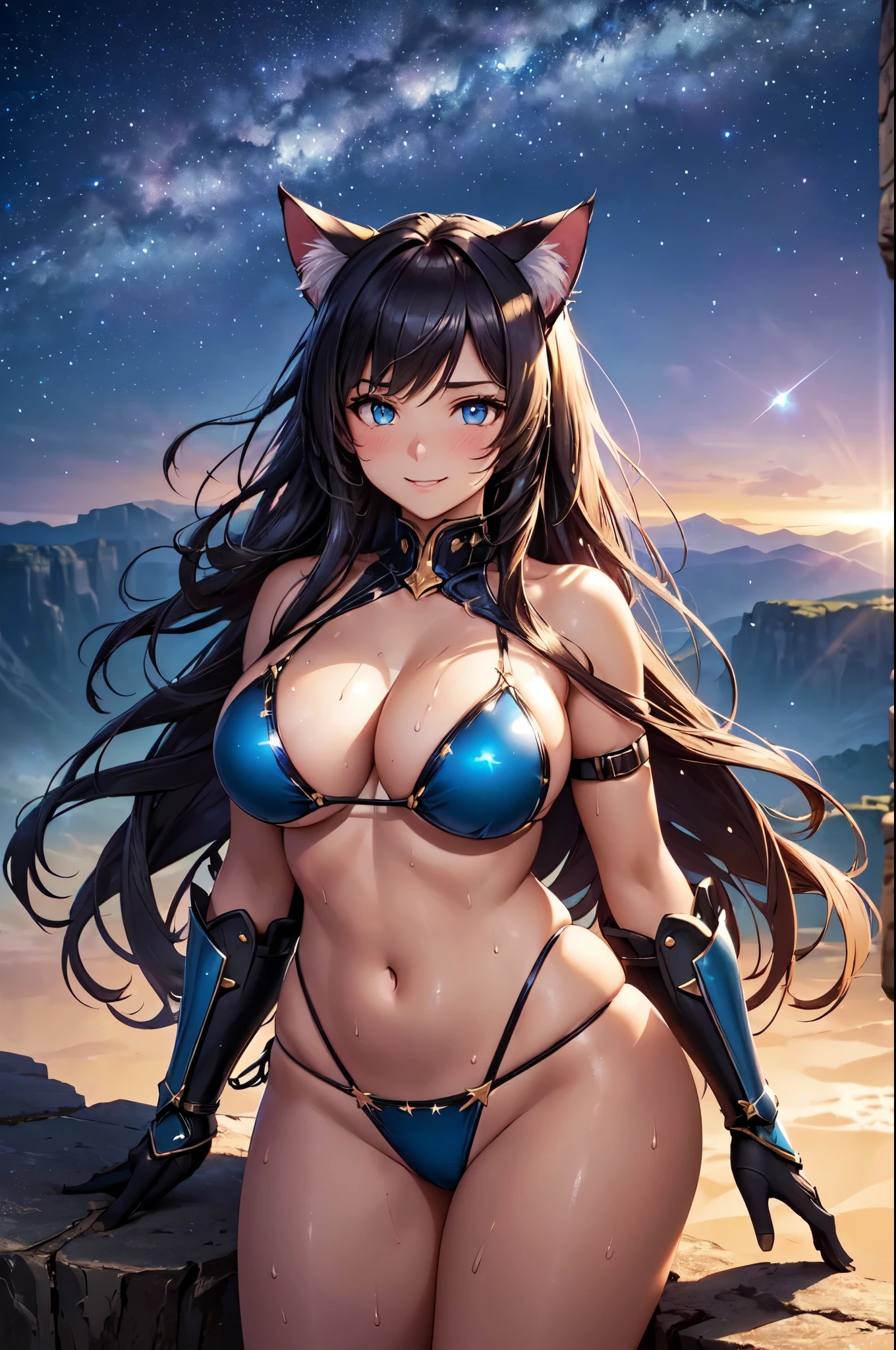 (High quality, High resolution, Fine details), (a woman wearing cat ear bikini armor, standing on a cliff, overlooking a vast landscape, with dramatic lighting and a sky filled with stars), solo, curvy women, sparkling eyes, (Detailed eyes:1.2), smile, blush, Sweat, Oily skin, shallow depth of field