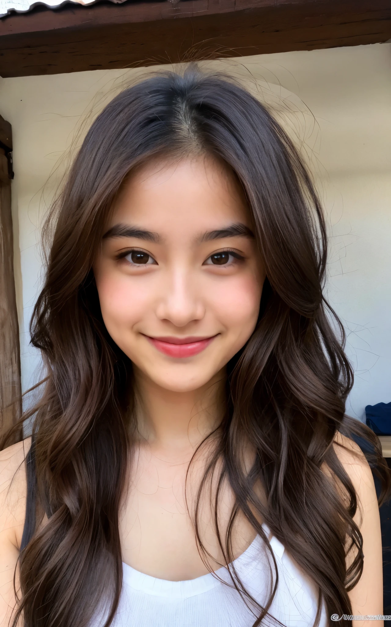 1 mexican girl, Long Wavy Hair, dark brown eyes, teen, nude, smiling