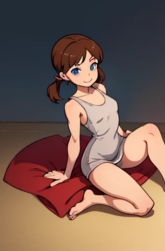 big jump in strong wind, She lifts up the under hem of her beige plain One-piece dress, leaning over, Climax, get ecstasy, masterpiece, very short pigtails,brown hair, Hair tie with two big red clothespins, mature, Female robot, android, blue eyes, full body figure, Height: 160cm, flushed cheeks, 2020s anime picture, missionary angle, A beautiful robot with short brown hair in two short pigtails held up by two very large huge red clothespins, Uplifting, No NSFW, whole body, barefoot, masturbate, lie down on her back, Laughter, archaic smile, jumping orgasm, 25 years old, little bust