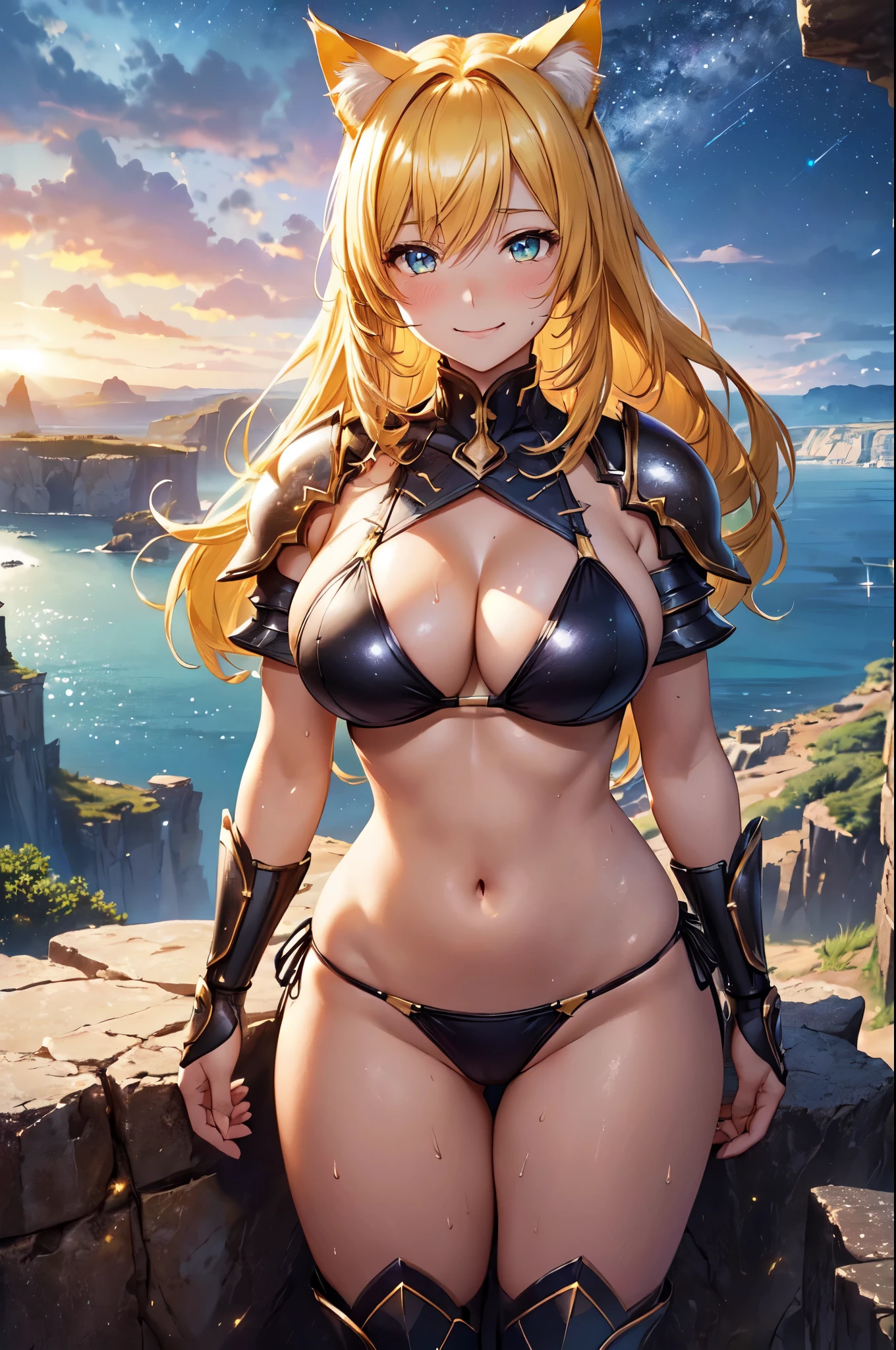 (High quality, High resolution, Fine details), (a woman wearing cat ear bikini armor, standing on a cliff, overlooking a vast landscape, with dramatic lighting and a sky filled with stars), solo, curvy women, yellow hair, sparkling eyes, (Detailed eyes:1.2), smile, blush, Sweat, Oily skin, shallow depth of field