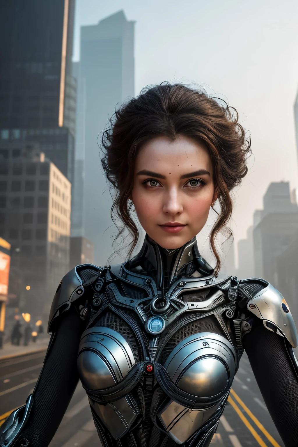 In a gritty post-industrial world, set amidst towering skyscrapers and smoky alleyways, you encounter a stunning humanoid robot woman. As you gaze upon her, you notice the intricate fusion of mechanical parts and human-like features that make up her unique composition. The external allure of her real skin texture, radiating warmth and life, contrasts with the cold, metallic elements that intricately weave through her body, accounting for 30 percent of her overall form. She stands as a testament to the harmonious synthesis of cutting-edge technology and human essence.

Describe the scene where this extraordinary entity crosses paths with you during her transformative journey. Reflect on the emotions evoked by her striking appearance and contemplate the blend of humanity and machinery evident in her visage. What secrets might lie beneath her seemingly ordinary exterior, and what kind of journey has brought her to this moment? Let your imagination weave a tale of intrigue, introspection, and untold adventures as the mid-journey unfolds.