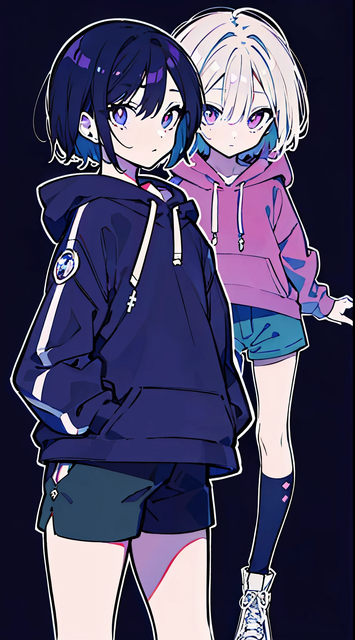 (masterpiece, highest quality:1.6), alone, thick outline, (simple background, dark purple background, monochrome, dark purple theme, simple background:1.2), official art, Key Visual, 8K, disorganized, whole body, (Unique hair, Oversized Hoodies, hot pants, arch back, short torso:1.2), belly button, thighs, cowboy shot, HDR, sharp focus, High resolution, most detailed, very detailed, Super detailed, finely, detailed eyes and face, sharp pupils, realistic student