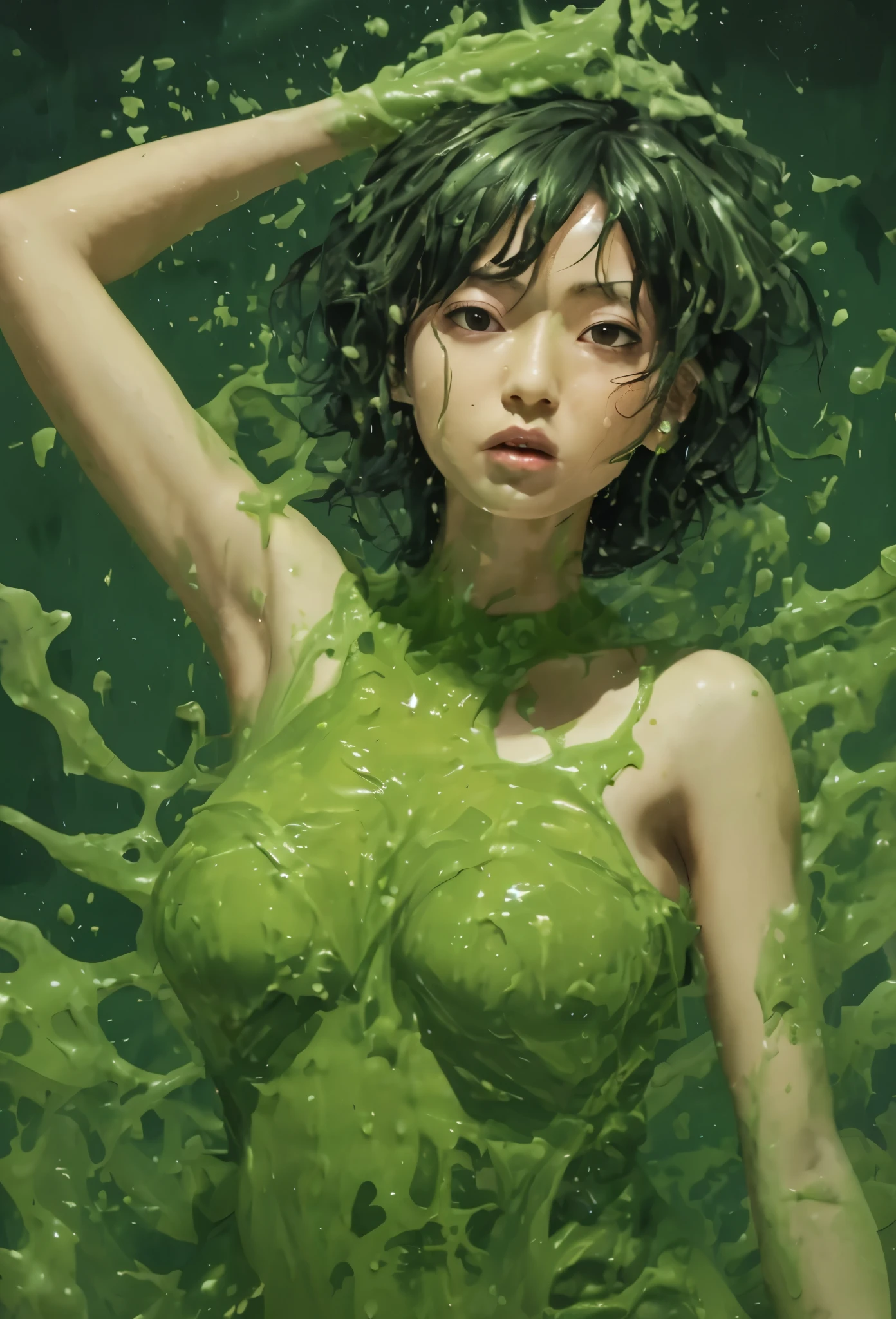 surreal), (illustration), (high resolution), (8K), (very detailed), (best illustration), (smart short black hair), (beautiful and detailed black eyes), (best quality), (super detailed), (masterpiece), (wallpaper), (detailed face), solo, (dynamic pose), 1 female, (Japanese girl), open legs, insertion, transparent sludge, bathroom shower, tummy down, green sludge, open legs, lower body closeup, glowing skin, slim, Model, Finger insertion into, Massage, Firm elastic medium breasts, Round plump elastic buttocks, sheer, moaning, enjoyment, looking at the audience, (no bra), (no panties), no clothes, show off, green sludge on hair and skin, Shocked Asian woman covered in green sludge, green sludge dripping, greenish liquid, green slime, green sludge everywhere, character is covered in liquid, sludge, dripping goo, oozing wet and slimy, beautiful green liquid, expressing humiliation,
