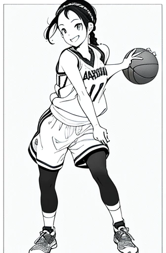 full body,looking side,dribbling a basketball,,smile,sportswear for basketball, adorable, japanese girl, Hair brown hair,Braid, hair scrunchie, (high color saturation:1.0), highest quality, ultra high resolution, Super detailed, 17K, RAW photo NSFW