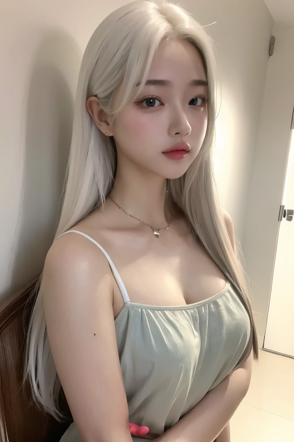 realistic, High resolution, 1 female, glowing skin, alone, wide lips,long hair,straight hair,saggy breasts,small face,white hair,Color Contacts,camisole,room,up angle,暗いroomに照明,K-pop Idol,white background,