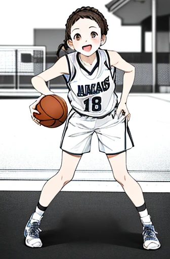 full body,looking up,dribbling a basketball,,smile,sportswear for basketball, adorable, japanese girl, Hair brown hair,Braid, hair scrunchie, (high color saturation:1.0), highest quality, ultra high resolution, Super detailed, 18K, RAW photo NSFW