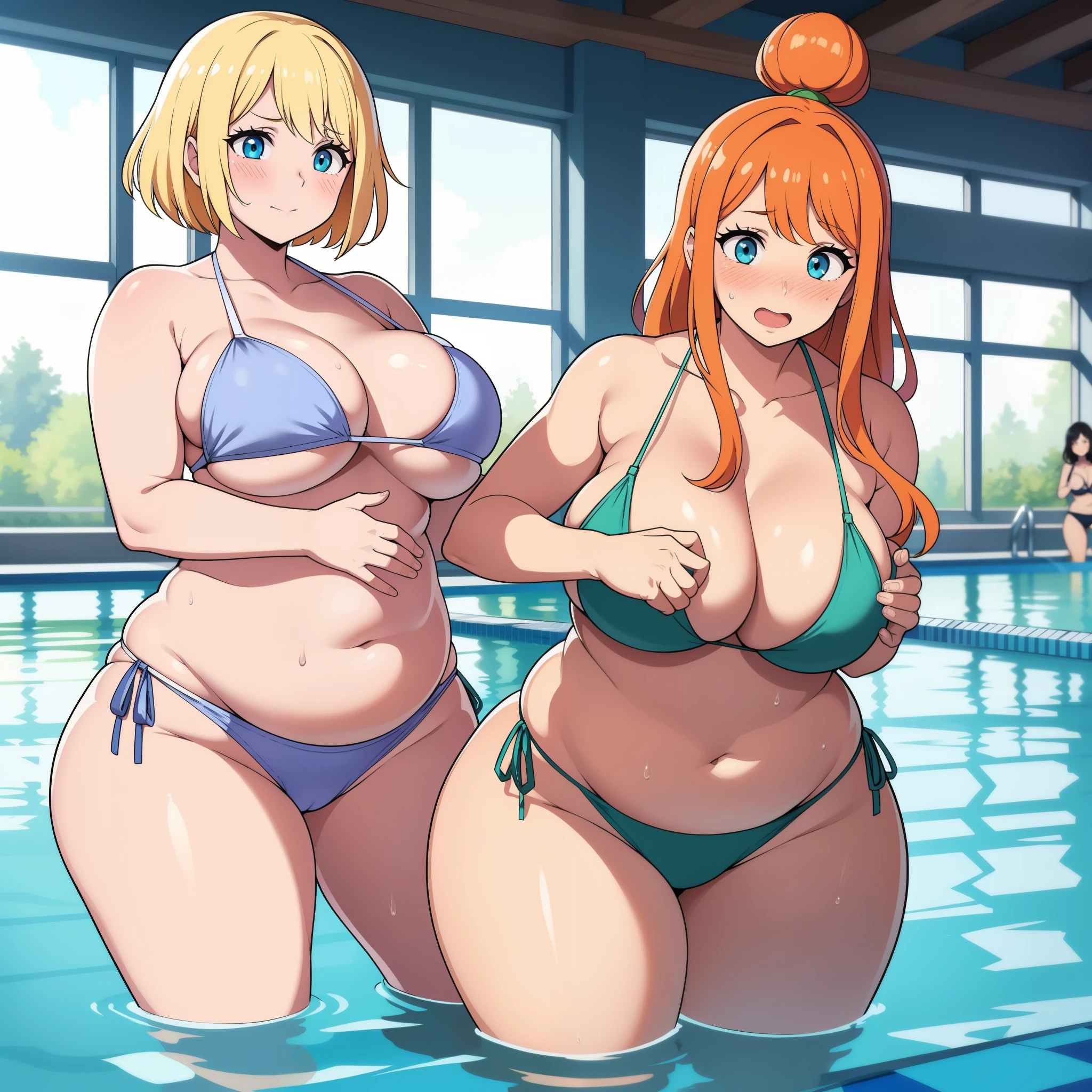 ((highres)), Masterpiece, high quality, best quality, beautiful, perfect lighting, detailed face, ultra cute face, ((2girls)), ((blush)), one girl has blonde hair, blue eyes, side tie bikini, one girl has orange hair, green eyes, one piece bathing suit ,tight clothes, indoor pool, medium breasts, cleavage, perky breasts, ((wide hips)), (thick thighs), (pudgy), standing next to each other, belly grab, sexually suggestive