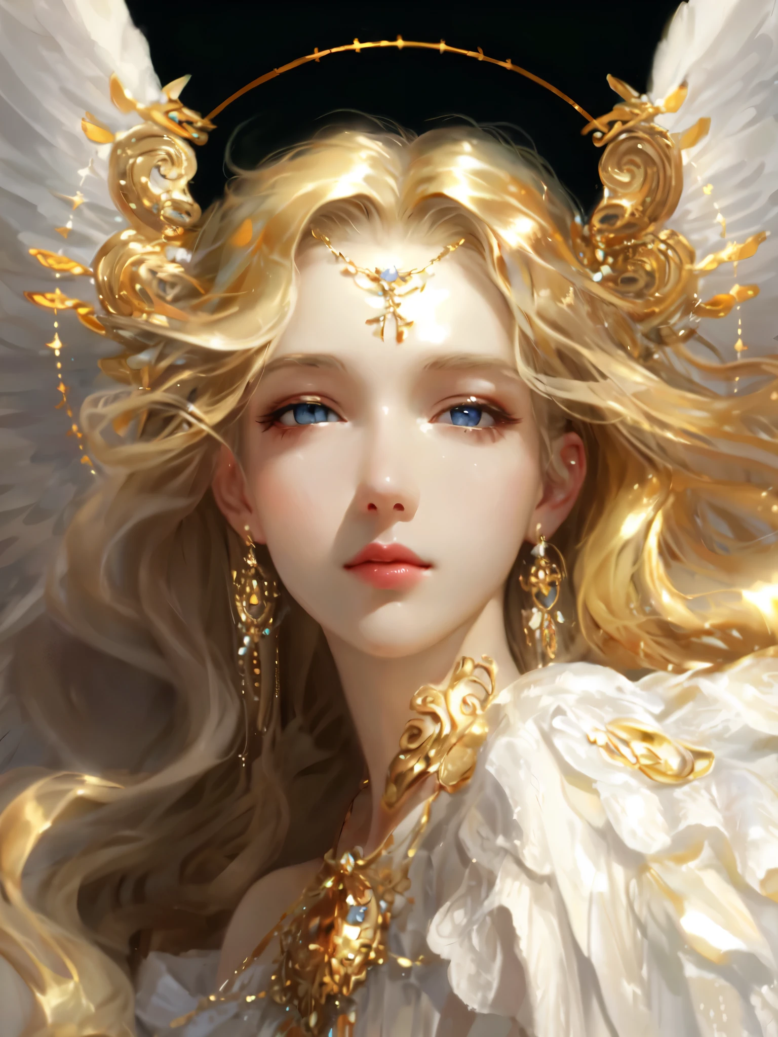 Drawing of woman with angel wings and gold jewelry, portrait of a Beautiful angel, of Beautiful angel, Angelic face, goddess. extremely high detail, finely detailed Angelic face, Beautiful angel, author：Yang Jie, of an Beautiful angel girl, Beautiful angel girl portrait, Gurwitz Masterpiece, 8k high quality detailed art, guweiz, Detail 32k,Charming aqua eyes