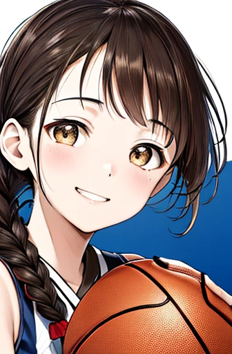 head shot,looking at viewer,dribbling a basketball,,smile,sportswear for basketball, adorable, japanese girl, Hair brown hair,Braid, hair scrunchie, (high color saturation:1.0), highest quality, ultra high resolution, Super detailed, 19K, RAW photo NSFW
