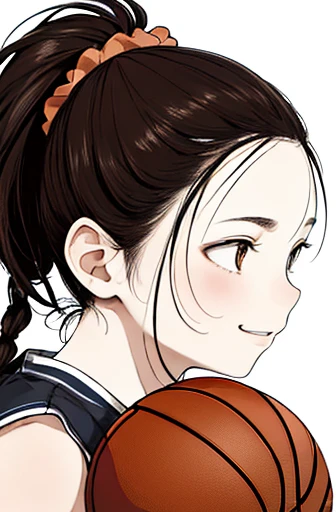 head shot,looking away,dribbling a basketball,,smile,sportswear for basketball, adorable, japanese girl, Hair brown hair,Braid, hair scrunchie, (high color saturation:1.0), highest quality, ultra high resolution, Super detailed, 20K, RAW photo NSFW
