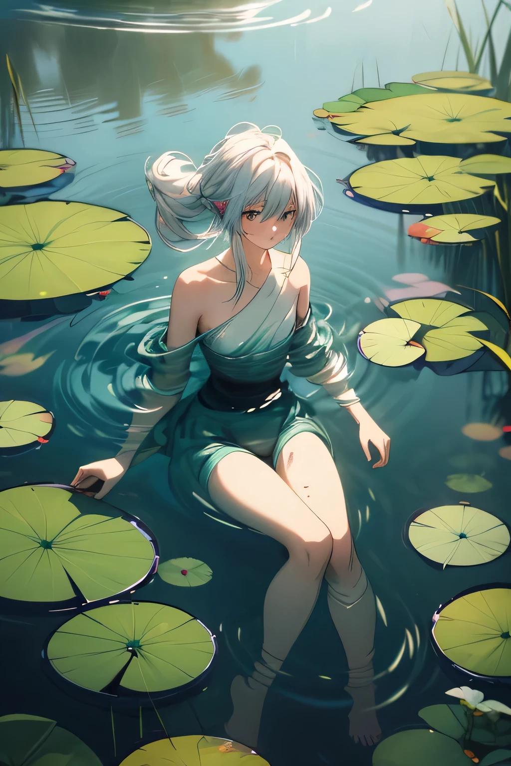 a man in a pond with lily pads in the water, in a pond, standing in a pond, floating in a powerful zen state, nymph in the water, sitting in a reflective pool, floathing underwater in a lake, sitting at a pond, in water up to her shoulders, the hair floats on the water, in a lake, in the water