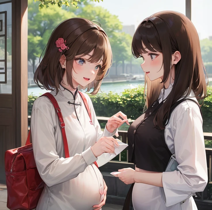 masterpiece, best quality, married woman， aldult, Chinese style, China, elder sister,  Smile, hairpin，brown hair, Princess，Full of motherhood，China传统服饰，purely，blush，Dignified yet lively，Mother，Hands on the stomach，Mature，Pregnant，Beautifully，pregnancy
