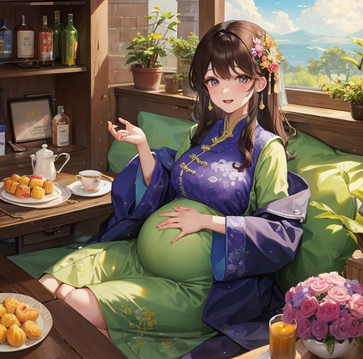 masterpiece, best quality, married woman, aldult, Chinese style, China, elder sister, Smile, hairpin,brown hair, Princess,Full of motherhood,China传统服饰,purely,blush,Dignified yet lively,Mother,Hands on the stomach,Mature,Pregnant,Beautifully,pregnancy