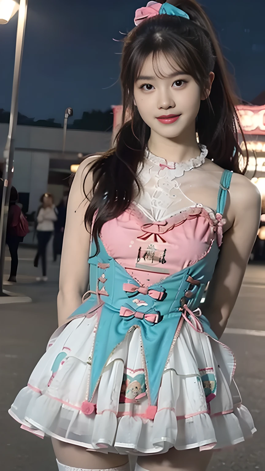 best quality, natural lighting, masterpiece, 1 girl, perfect beautiful face, (photo photo:1.3), edge lighting, photography lighting, (high detail skin:1.2), 8k ultra hd, DSLR, high quality, high resolution, white skin, detailed textured skin, 3/4 body in frame, cute smile face, perfect propotion face, symetric face, eye level shot, 4k, 8k, bokeh, absurd, best ratio four fingers and one thumb, (realistic:1.3), beautiful detailed girl, cute 1girl, dark-brown hair, long hair, ponytail, bangs, volume hairs, collosal-breast, full looking breast, projecting breast, slim waist, slender, small thighs, perfectly proportion, amusement park background, detailed background, night, night sky, dramatic lighting, sweet_dress, white thighhighs, hands behind back