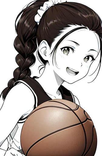 head shot,looking side,dribbling a basketball,,smile,sportswear for basketball, adorable, japanese girl, Hair brown hair,Braid, hair scrunchie, (high color saturation:1.0), highest quality, ultra high resolution, Super detailed, 23K, RAW photo NSFW