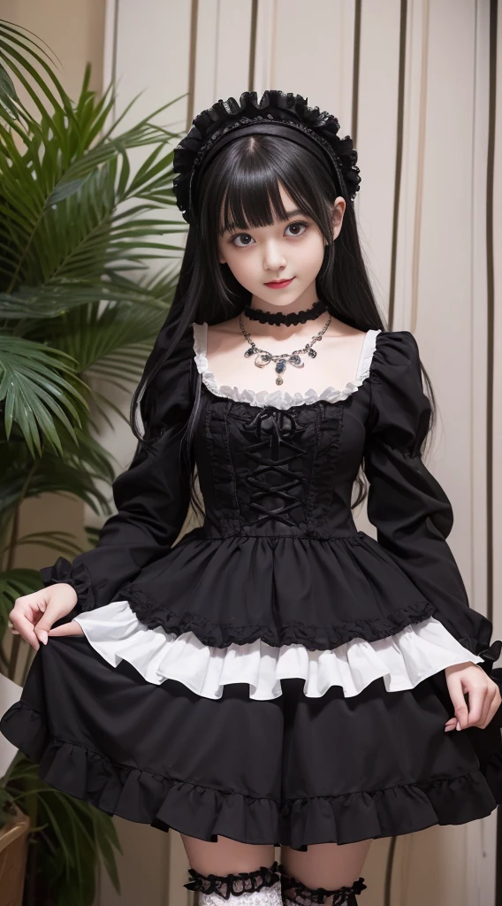 Super high quality, super high definition, super detailed, masterpiece, 25 years old, female, cute, nice body, gothic ta clothes, gothic loliashion, frilly skirt, headdress, necklace, bracelet, knee-high socks, boots, double eyelids, tear bags, Detailed down to the fingers, photo-like description, indoors, dim indoor lighting, black hair, semi long, standing, whole body, composition that shows the whole body, smiling