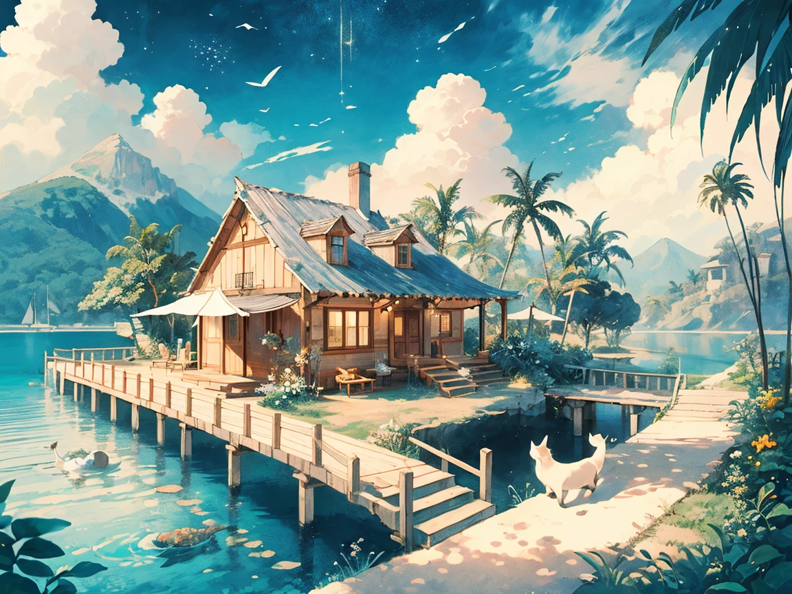 (((masterpiece))),best quality, whitetown, Deserted Island, small island, small house, resort