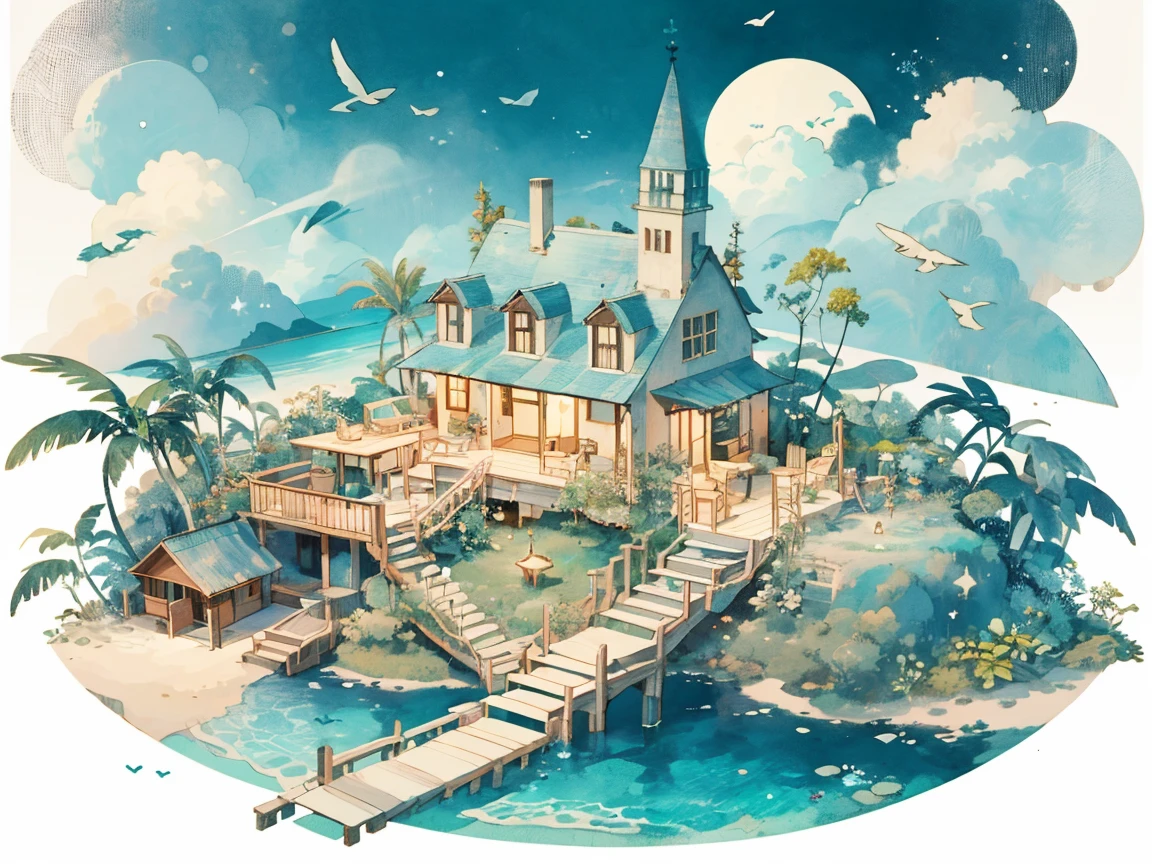 (((masterpiece))),best quality, whitetown, Deserted Island, small island, small house, resort