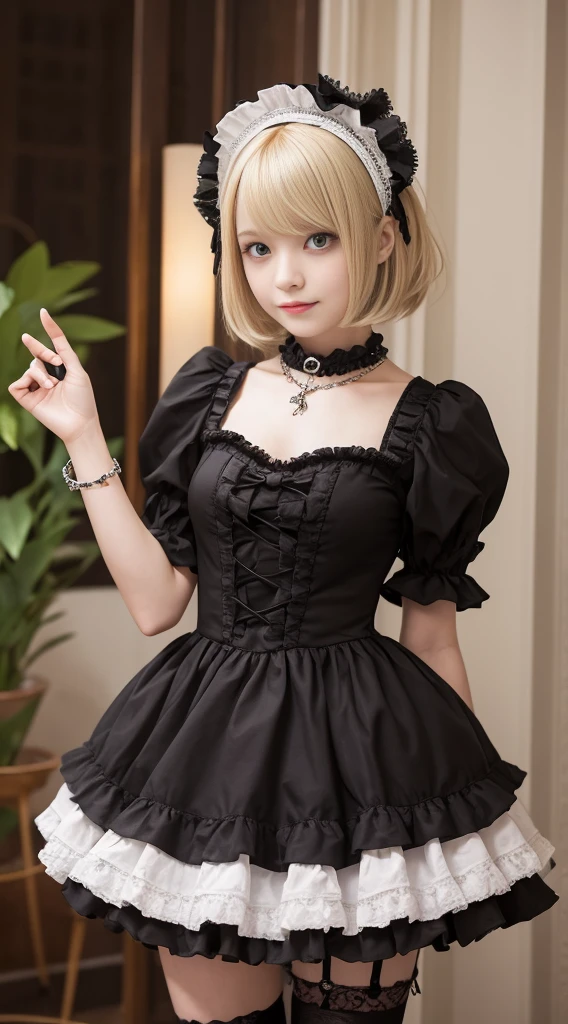 Super high quality, super high definition, super detailed, masterpiece, 25 years old, female, cute, nice body, gothic lolita clothes, gothic lolita fashion, frilly skirt, headdress, necklace, bracelet, knee-high socks, boots, double eyelids, tear bags, Detailed down to the fingers, photo-like description, indoors, dim indoor lighting, blonde hair, short bob, standing, whole body, composition that shows the whole body, smiling