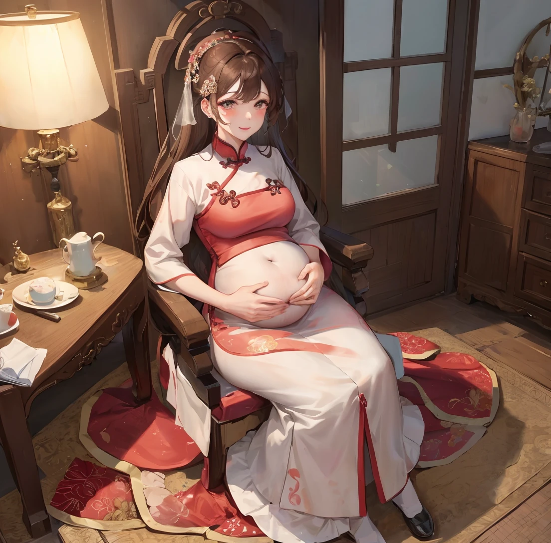 masterpiece, best quality, married woman， aldult, Chinese style, China, elder sister,  Smile, hairpin，brown hair, Princess，Full of motherhood，China传统服饰，purely，blush，Dignified yet lively，Mother，Hands on the stomach，Mature，Pregnant，Beautifully，pregnancy，wife