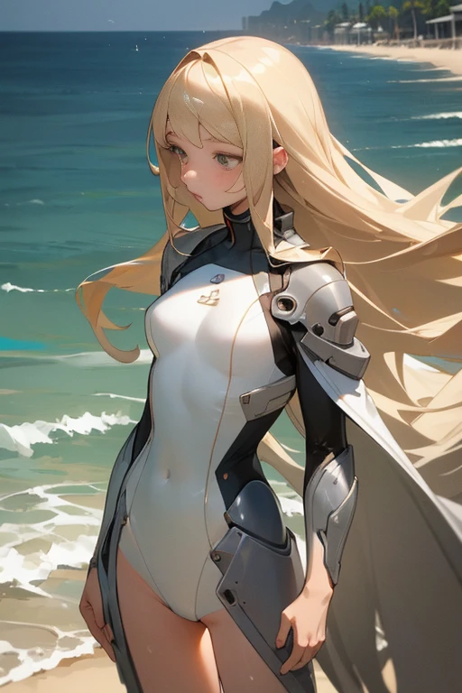 ((best quality)), ((masterpiece)), (detailed),High quality, Ultra detailed, best quality, insanely detailed, beautiful, masterpiece,girl,Blonde gray eyes,tall,slim,Caucasian,long hair,slbeach,female,swimware