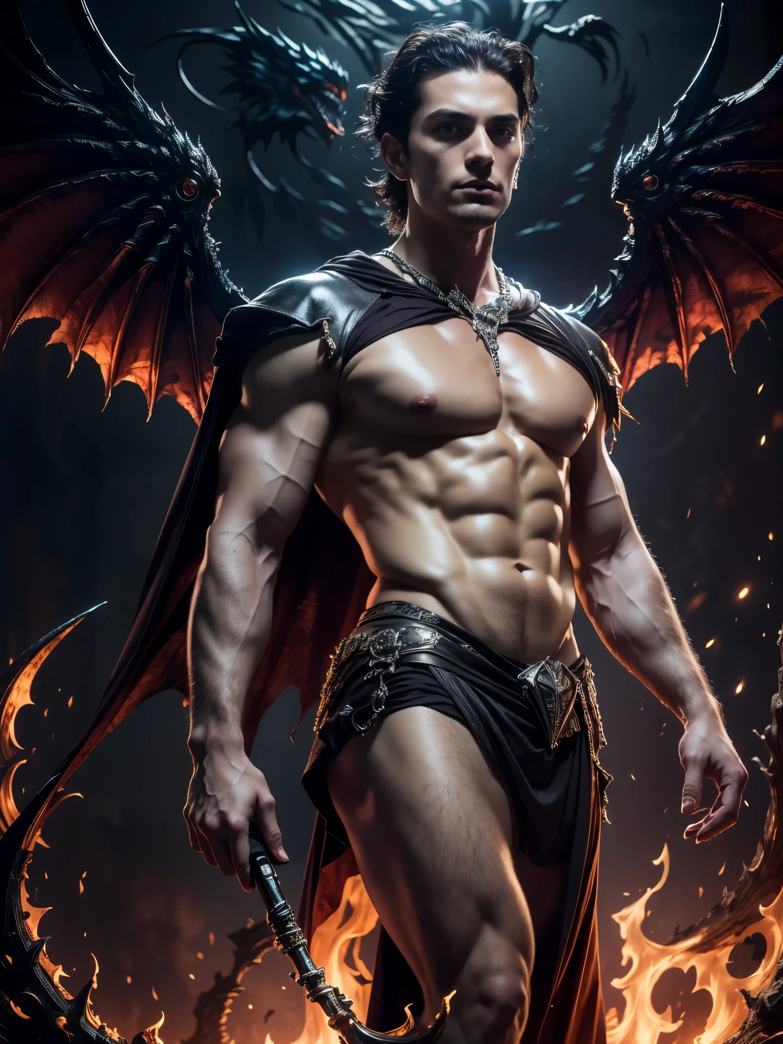 Photorealistic, ((best quality)), ((masterpiece)), (detailed), blue eyes, perfect face, the devil, masculine portrait of the devil, personification of The Devil, (evil look), superr pale skin, massive huge majestic black angel wings, black dragon horns, 18-year-old, super male model, handsome, tall, cute looking, evil look, dark look powerful, young male model, handsome mythical creature, super strong, muscular, fit, massive muscles, six pack, clean shave, . wavy messy brown hair, short messy hair, messy wavy hair, (buz cut hair:1.4), shirtless, barechested, muscle, ripped, strong body, fit body, ancient linen Greek small skirt, antique black linen raped cloth skirt, (Dark background:1.9) 8k, high detailed, ultra-detailed, Stylish Pose, real skin texture, dark cinematic lighting, ruins gothic cathedral, ruins, hell fire, infernum, coal fire,