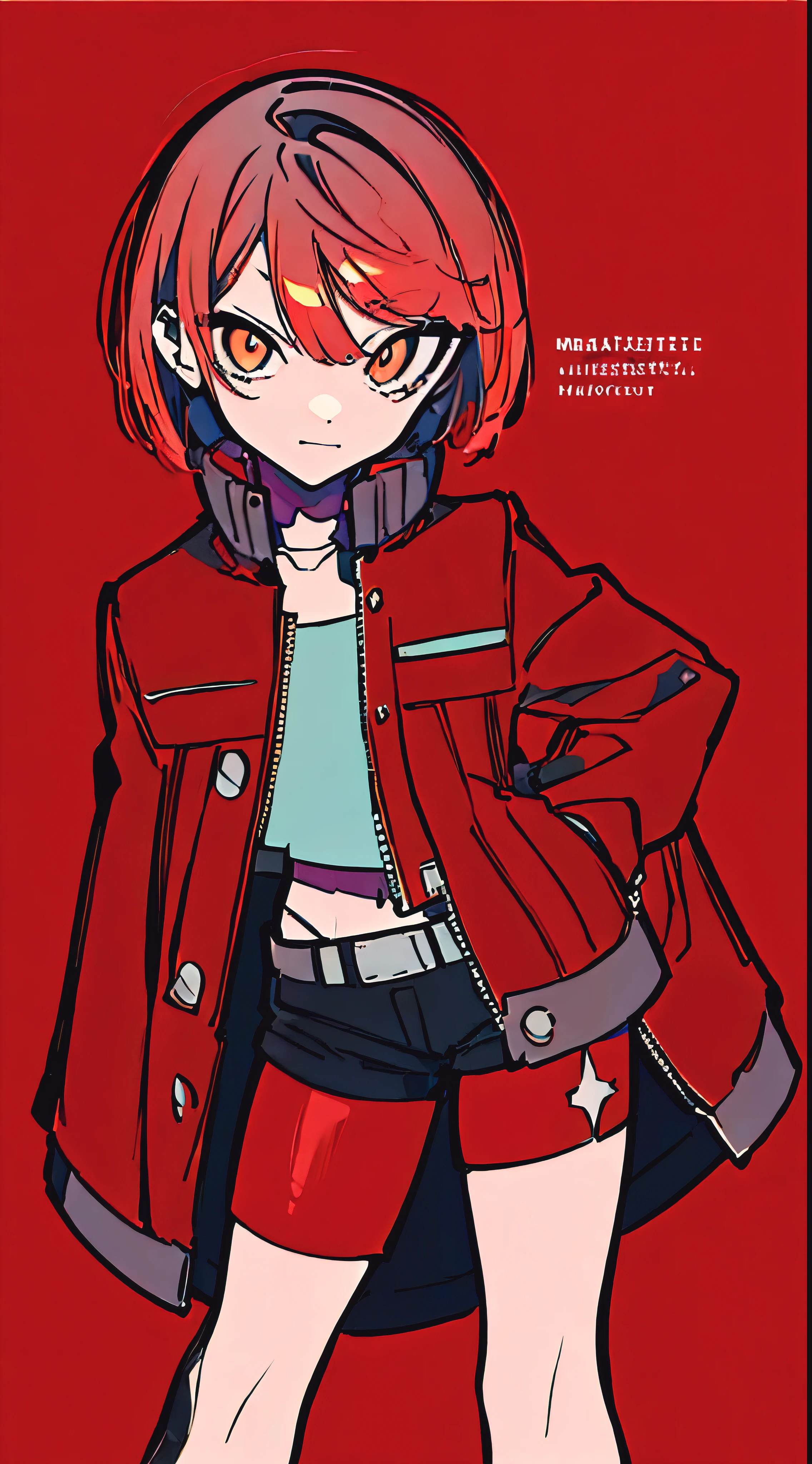 (masterpiece, highest quality:1.6), alone, thick outline, (simple background, Dark red background, monochrome, Dark red theme:1.2), official art, Key Visual, 8K, confused, whole body, (Unique hair, Punks jacket, hot pants, arch back, short torso:1.2), belly button, thighs, cowboy shot, HDR, sharp focus, High resolution, most detailed, very detailed, Super detailed, finely, detailed eyes and face, sharp pupils, realistic student