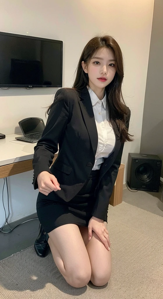 (Representative works),((Featured)),(Featured,,official artist,Extremely detailed CG unified 8k wallpaper),,a lady，Elegant upper class elite secretary wearing business shirt，Perfect appearance，Double eyelid eye makeup，Work office，wear a suit，Open your clothes，Girl in shirt，wear a suit，(((:1.2)))，Open your clothes，Wear a shirt or skirt，leather shoes，Chair，kneeling，Loyal female secretary，absolute obedience，Follow everything，Waiting for command