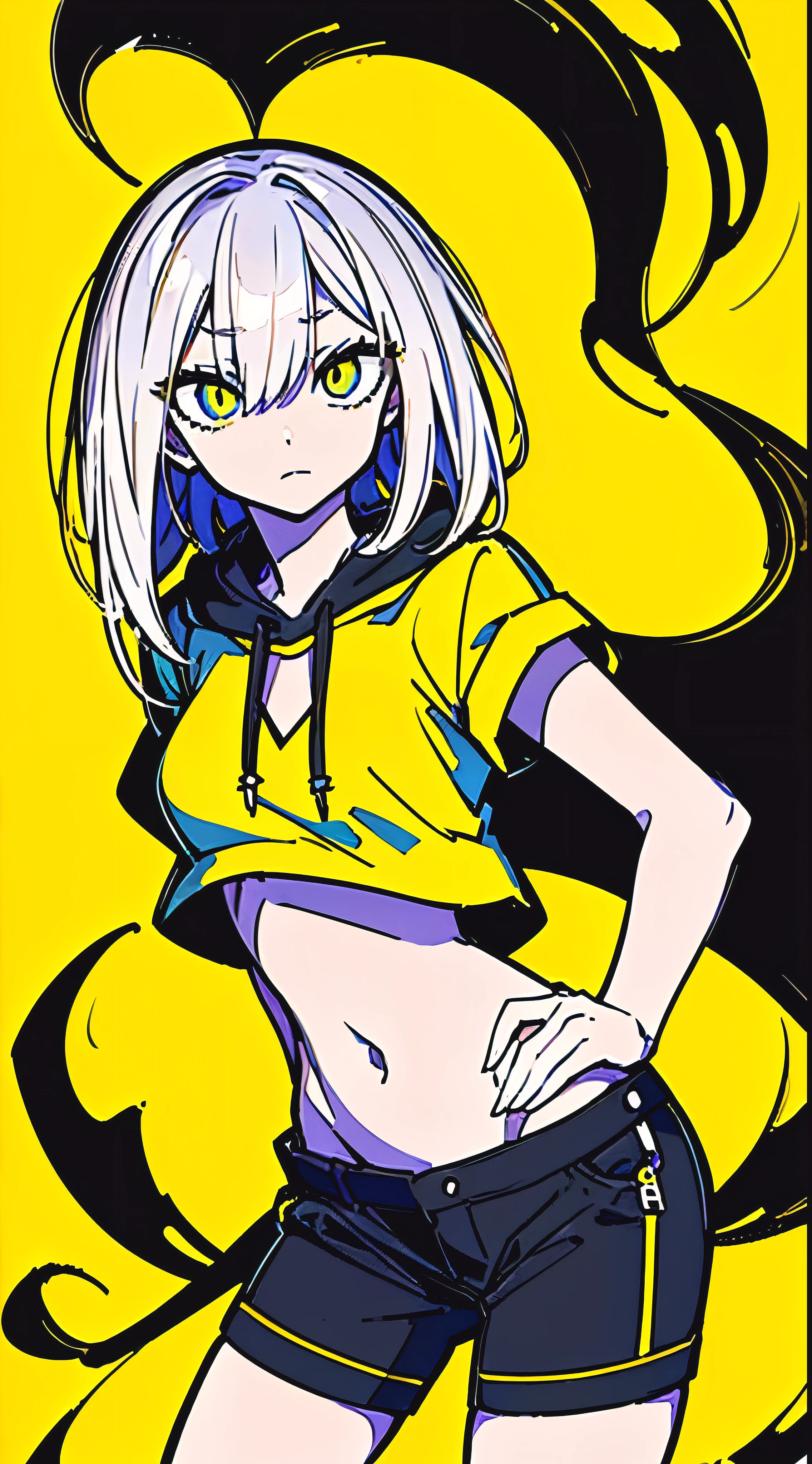 (masterpiece, highest quality:1.6), alone, thick outline, (simple background, Dark yellow background, monochrome, dark yellow theme:1.2), official art, Key Visual, 8K, confused, whole body, (Unique hair, oversized hoodie, hot pants, arch back, short torso:1.2), belly button, thighs, cowboy shot, HDR, sharp focus, High resolution, most detailed, very detailed, Super detailed, finely, detailed eyes and face, sharp pupils, realistic student