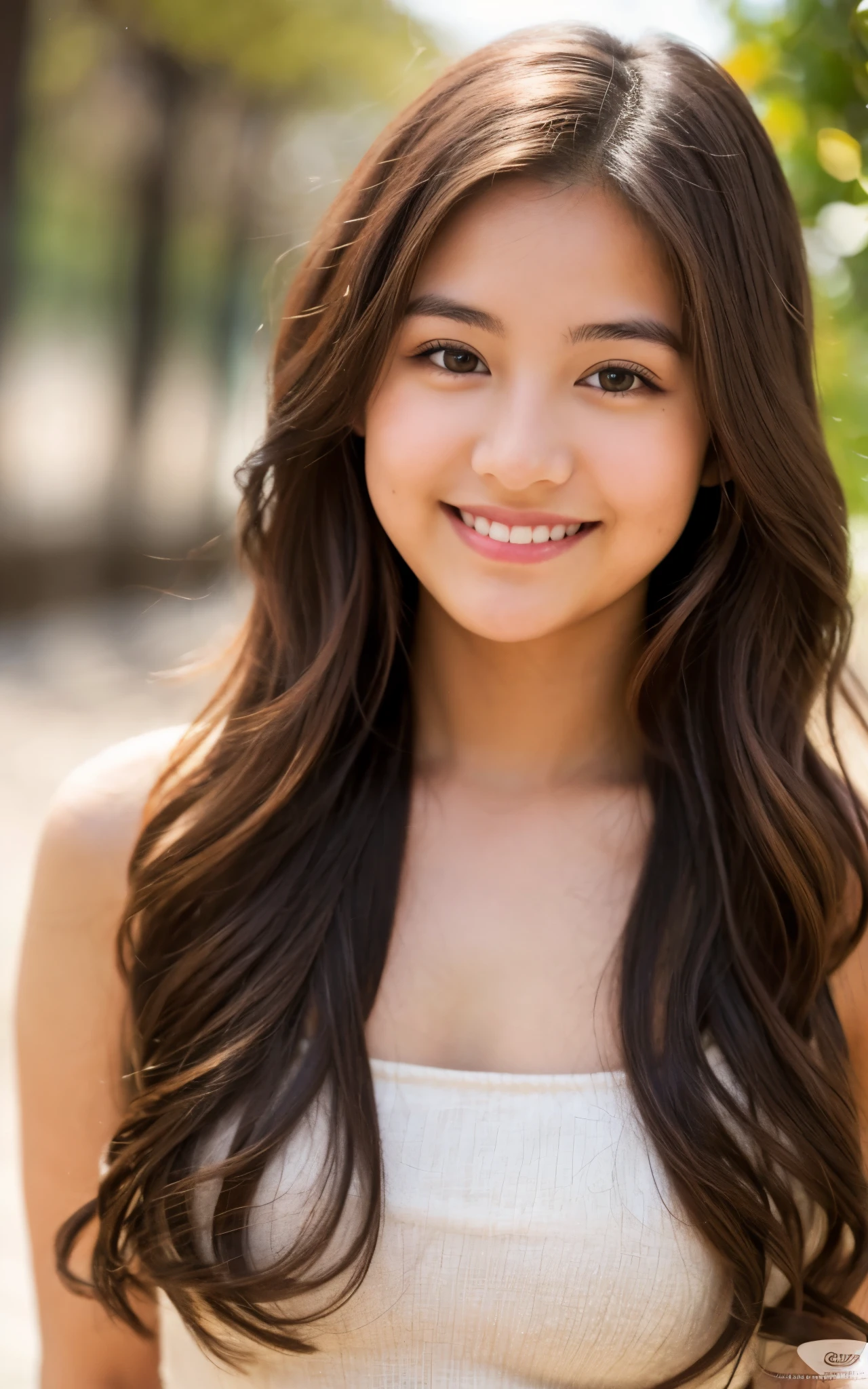 1 mexican girl, Long Wavy Hair, dark brown eyes, teen, nude, smiling