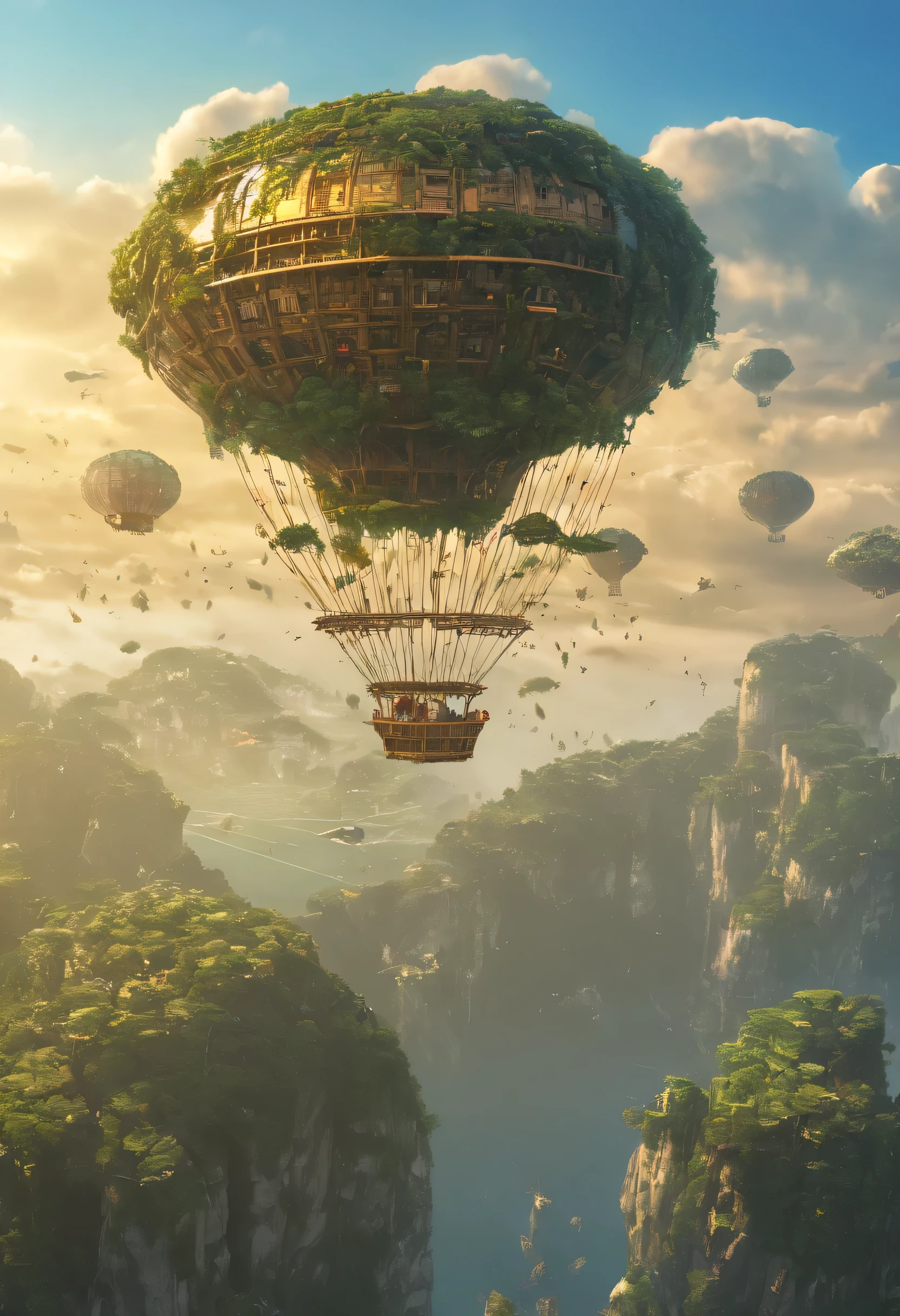 Many islands々々々々floating in the air、wood々covered in、vine、birdie、Many small airships are flying, (fantasy:1.4), extreme details, realistic light, great composition, (intricate details), (Complex design, Super detailed :1.4), art station, (masterpiece, highest quality), Ultra HD, 32k --v 6、Depth of object being written、deep、golden ratio、highest quality、