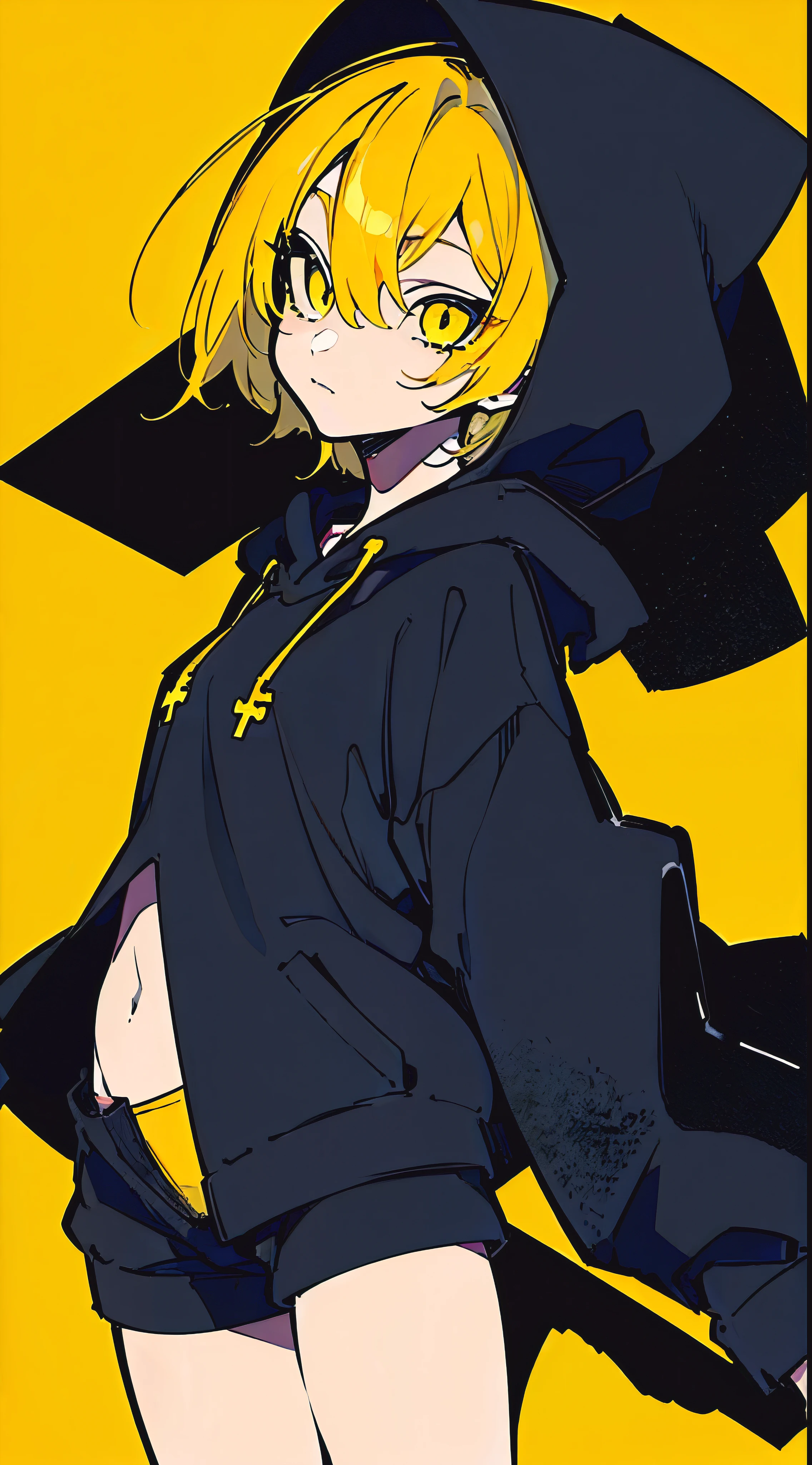 (masterpiece, highest quality:1.6), alone, thick outline, (simple background, Dark yellow background, monochrome, dark yellow theme:1.2), official art, Key Visual, 8K, confused, whole body, (Unique hair, oversized hoodie, hot pants, arch back, short torso:1.2), belly button, thighs, cowboy shot, HDR, sharp focus, High resolution, most detailed, very detailed, Super detailed, finely, detailed eyes and face, sharp pupils, realistic student