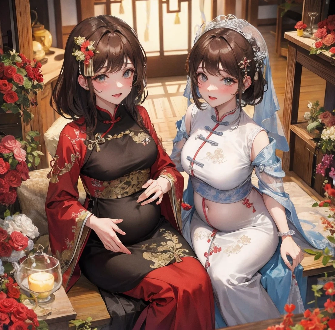 masterpiece, best quality, married woman, aldult, Chinese style, China, elder sister, Smile, hairpin,brown hair, Princess,Full of motherhood,China传统服饰,purely,blush,Dignified yet lively,Mother,Hands on the stomach,Mature,Pregnant,Beautifully,pregnancy,wife