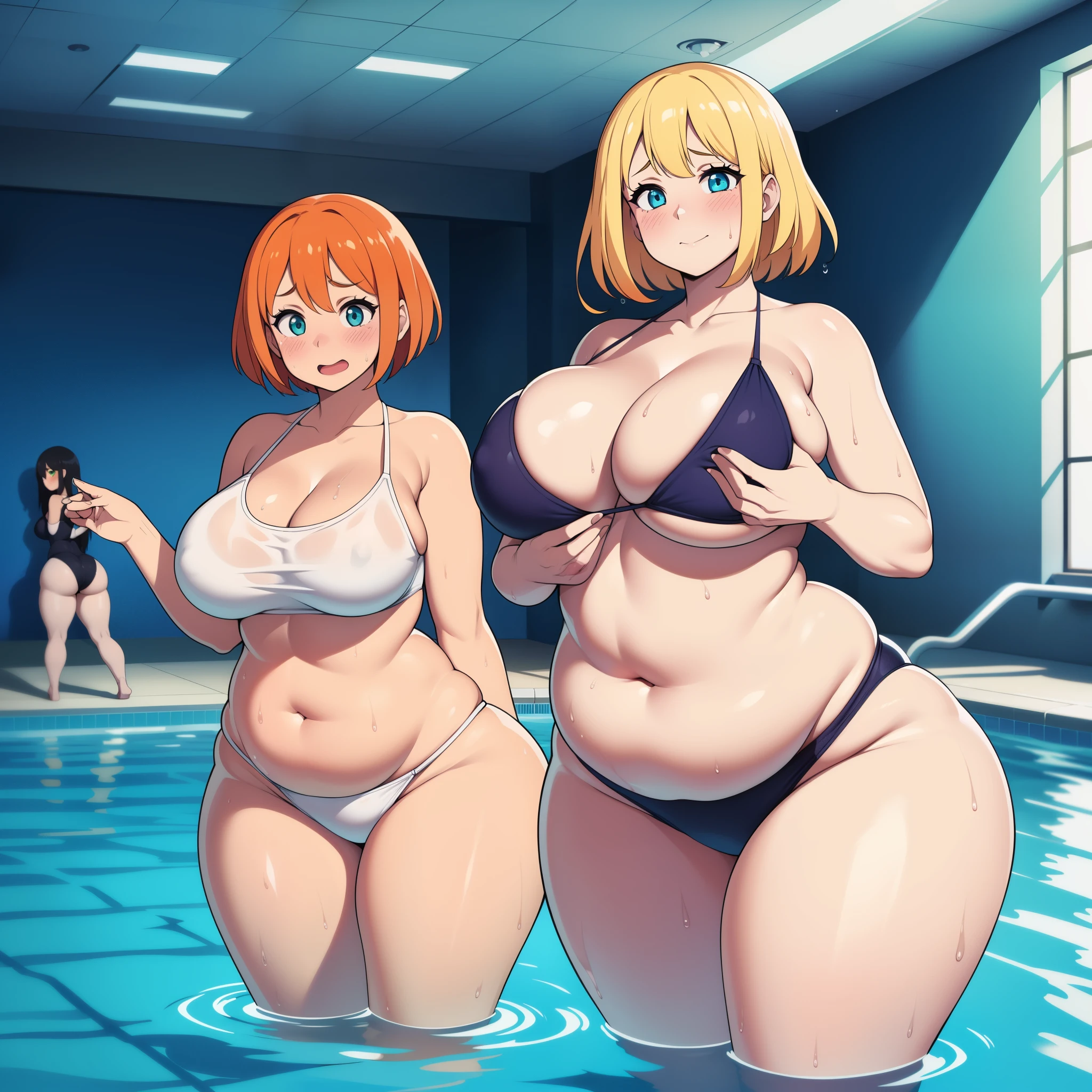 ((highres)), Masterpiece, high quality, best quality, beautiful, perfect lighting, detailed face, ultra cute face, wet, ((2girls)), ((blush)), one girl has blonde hair, blue eyes, side tie bikini, one girl has orange hair, green eyes, one piece bathing suit ,tight clothes, indoor pool, medium breasts, cleavage, perky breasts, ((wide hips)), (thick thighs), (pudgy), standing next to each other, belly grab, sexually suggestive