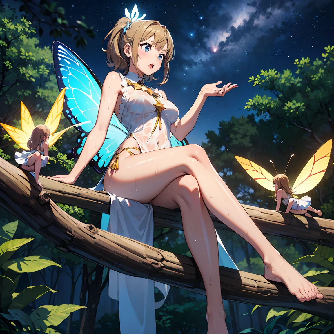 ((masterpiece)), ((highest quality)), (ultra high resolution,8K),(Ultra high fine mesh,4K), (Highly detailed CG integrated 8k wallpaper), (perfect anatomy,anatomically accurate), (Angle from below), (((Sitting on a branch of a tall treeセクシーな魅力を持つ爆乳三姉妹の妖精))), (((Faithfully reproduced three big-breasted sisters fairies))), (Sitting on a branch of a tall tree:1.5), beautiful butterfly in flight, (Surprised gesture:1.4), ((whole body)), (brown hair +1.2), blonde hair, (short bangs), (dynamic composition), High definition beauty face, (more beautiful blue eyes), (open your mouth), (wet body)), shiny skin, fine skin, thin hair, background, (Butterflies flying around a woman), (starry sky), forest, Pillar of Light, moonlight, Sparkling, (midnight, darkness), Shining six-pointed star, (From the back, Behind)