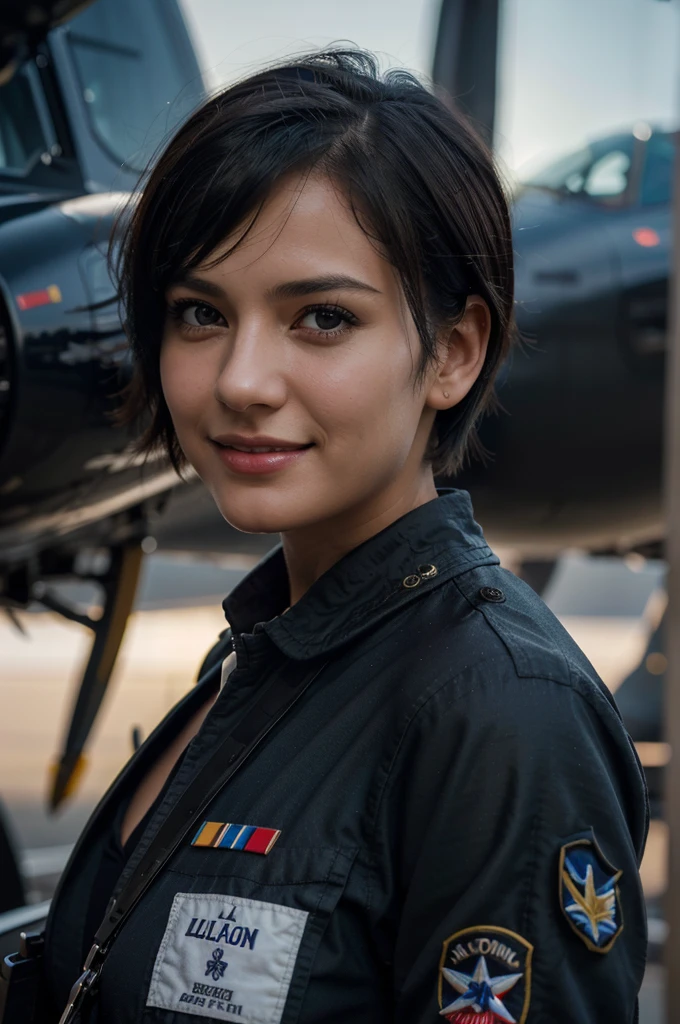 1girl, solo, black short hair, aviation uniform, smile, looking at viewer, hazel eyes, aviation background, masterpiece, depth of field, cinematic lighting, head shot, (photo-realistic:1.37)