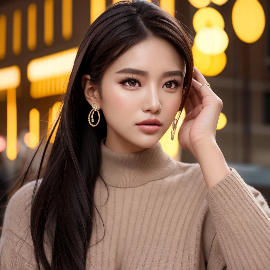(goddess-like happiness:1.2), Kpop idol, 20 years old, brown eyes, ponytail, (RAW photo:1.2), (photorealistic:1.4), (masterpiece:1.3), (intricate details:1.2), delicate, beautiful detailed, (detailed eyes), (detailed facial features), (turtleneck sweater), , small breasts, narrow waist, (looking_at_viewer:1.2), big circle earrings, slim_legs, (skinny), (best quality:1.4), (ultra highres:1.2), cinema light, outdoors, (extreme detailed illustration), (lipgloss, eyelashes, best quality, ultra highres, depth of field, caustics, Broad lighting, natural shading, 85mm, f/1.4, ISO 200, 1/160s:0.75), dynamic pose,