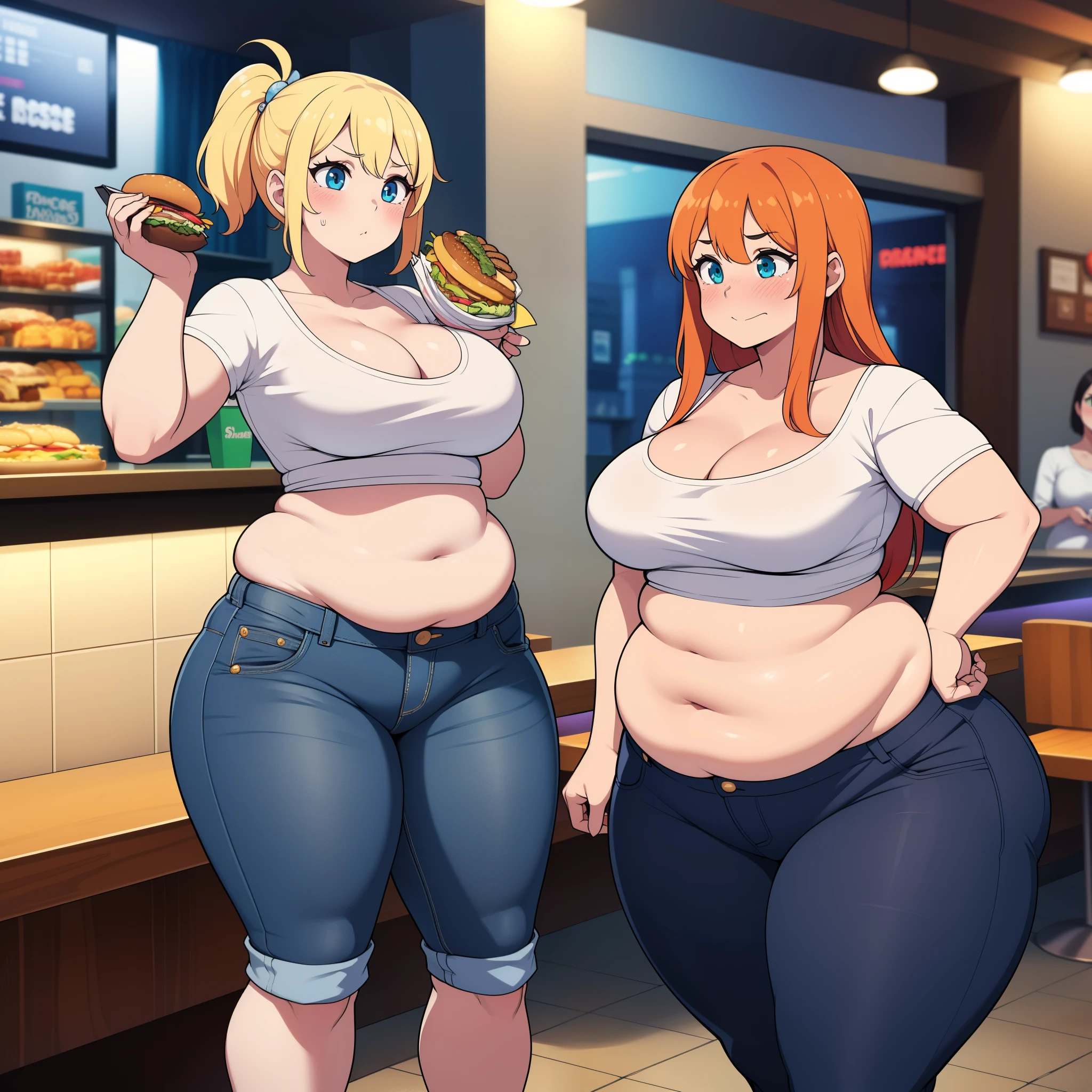 ((highres)), Masterpiece, high quality, best quality, beautiful, perfect lighting, detailed face, ultra cute face, ((2girls)), ((blush)), one girl has blonde hair, blue eyes, crop top and shorts, one girl has orange hair, green eyes, jeans, white shirt, ,tight clothes, fast food restaurant, medium breasts, cleavage, perky breasts, ((wide hips)), (thick thighs), (chubby), fat folds, belly hang, standing next to each other, 