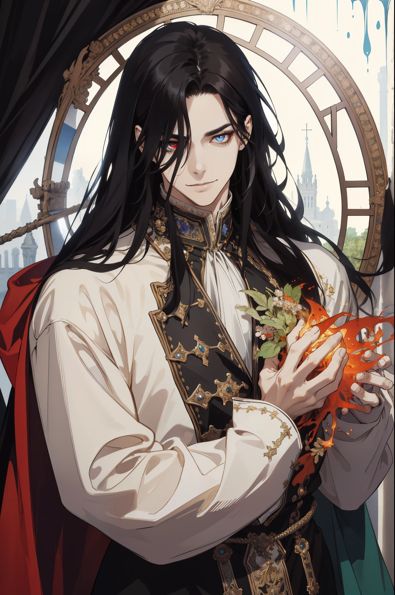 (absurdity, a high resolution, too detailed), 1 person, adult, Dearest, tall muscular guy, broad shoulders, detailed eyes and detailed face, beating magic, Winding flame, (masterpiece, side light, Beautiful beautiful eyes: 1.2), HDR, (glowing red eyes)), Beautiful длинноволосый мужчина, Black hair, musculature, rain, Beautiful, facing the camera, masterpiece Fool \tarot\, bard, clown, Symbolism, art, occultism, Universal, Vision Casting, Philosophical, Iconography, Divination by numbers, Popularity, art, by Alphonse Mucha,  incomprehensibility, Head rotation, keep your chin, Tousled black hair, Rich clothes сексуальность ,playful look, grin, inscrutability, Messy long black hair, Rich clothes