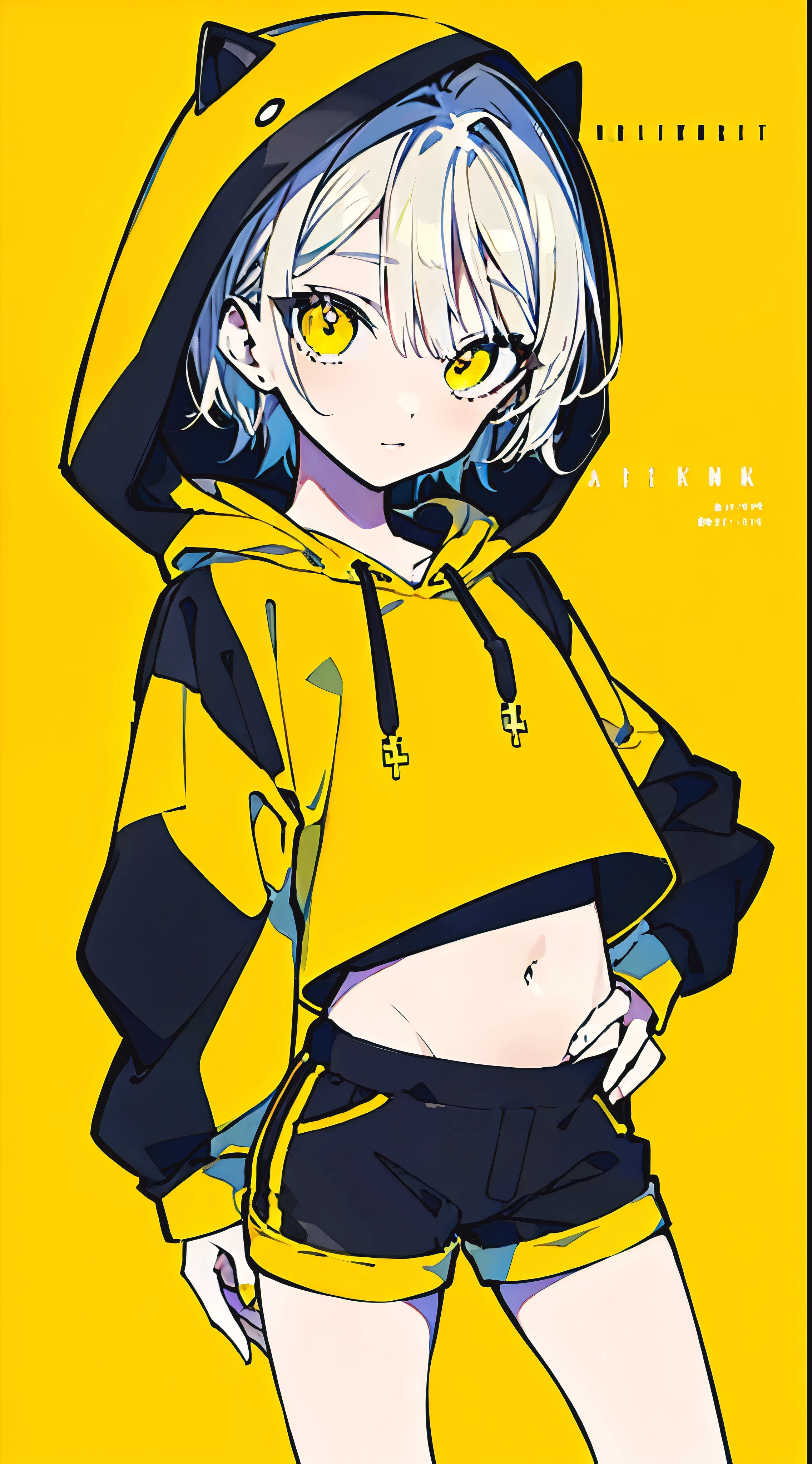 (masterpiece, highest quality:1.6), alone, thick outline, (simple background, Dark yellow background, monochrome, dark yellow theme:1.2), official art, Key Visual, 8K, confused, whole body, (Unique hair, oversized hoodie, hot pants, arch back, short torso:1.2), belly button, thighs, cowboy shot, HDR, sharp focus, High resolution, most detailed, very detailed, Super detailed, finely, detailed eyes and face, sharp pupils, realistic student