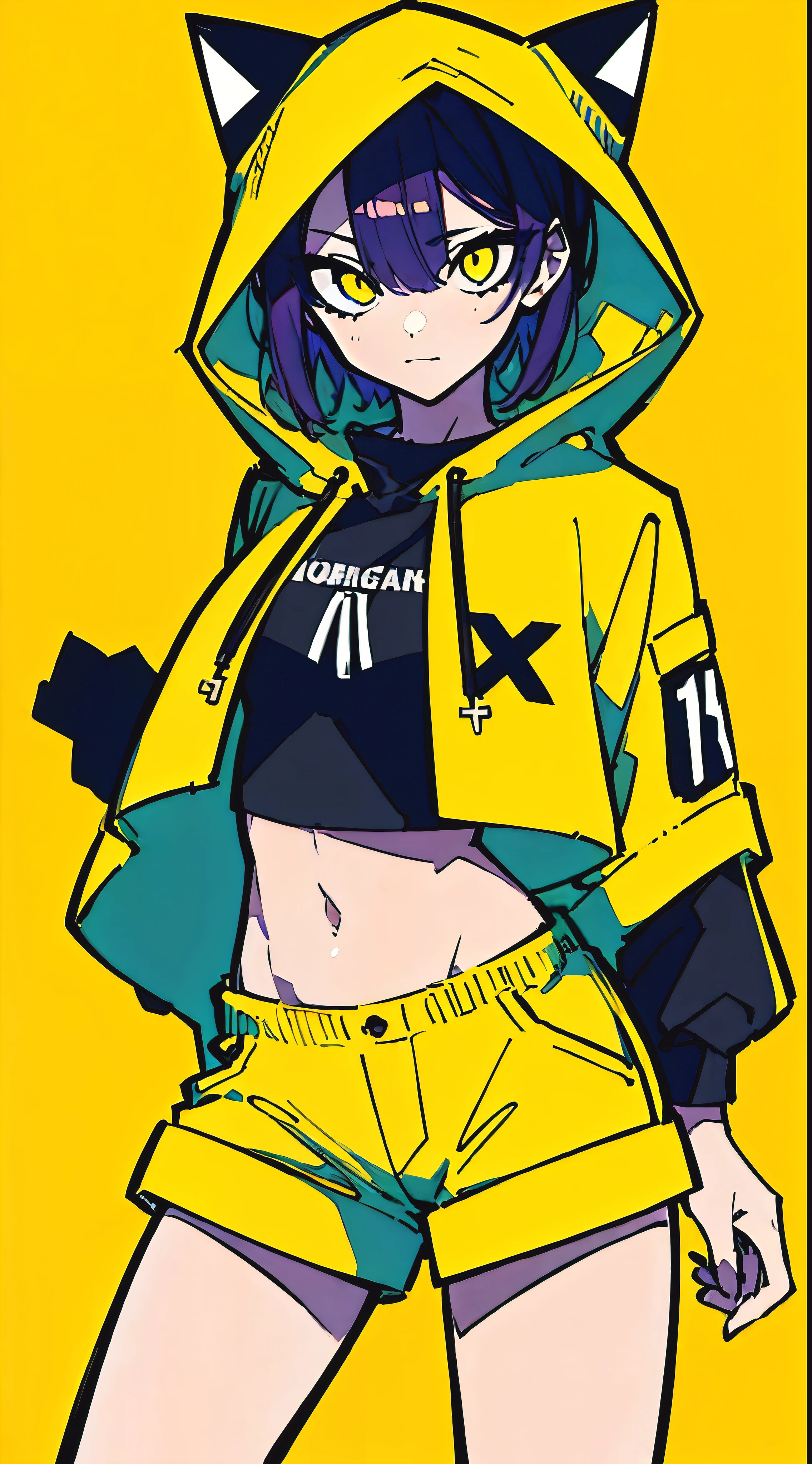 (masterpiece, highest quality:1.6), alone, thick outline, (simple background, Dark yellow background, monochrome, dark yellow theme:1.2), official art, Key Visual, 8K, confused, whole body, (Unique hair, oversized hoodie, hot pants, arch back, short torso:1.2), belly button, thighs, cowboy shot, HDR, sharp focus, High resolution, most detailed, very detailed, Super detailed, finely, detailed eyes and face, sharp pupils, realistic student
