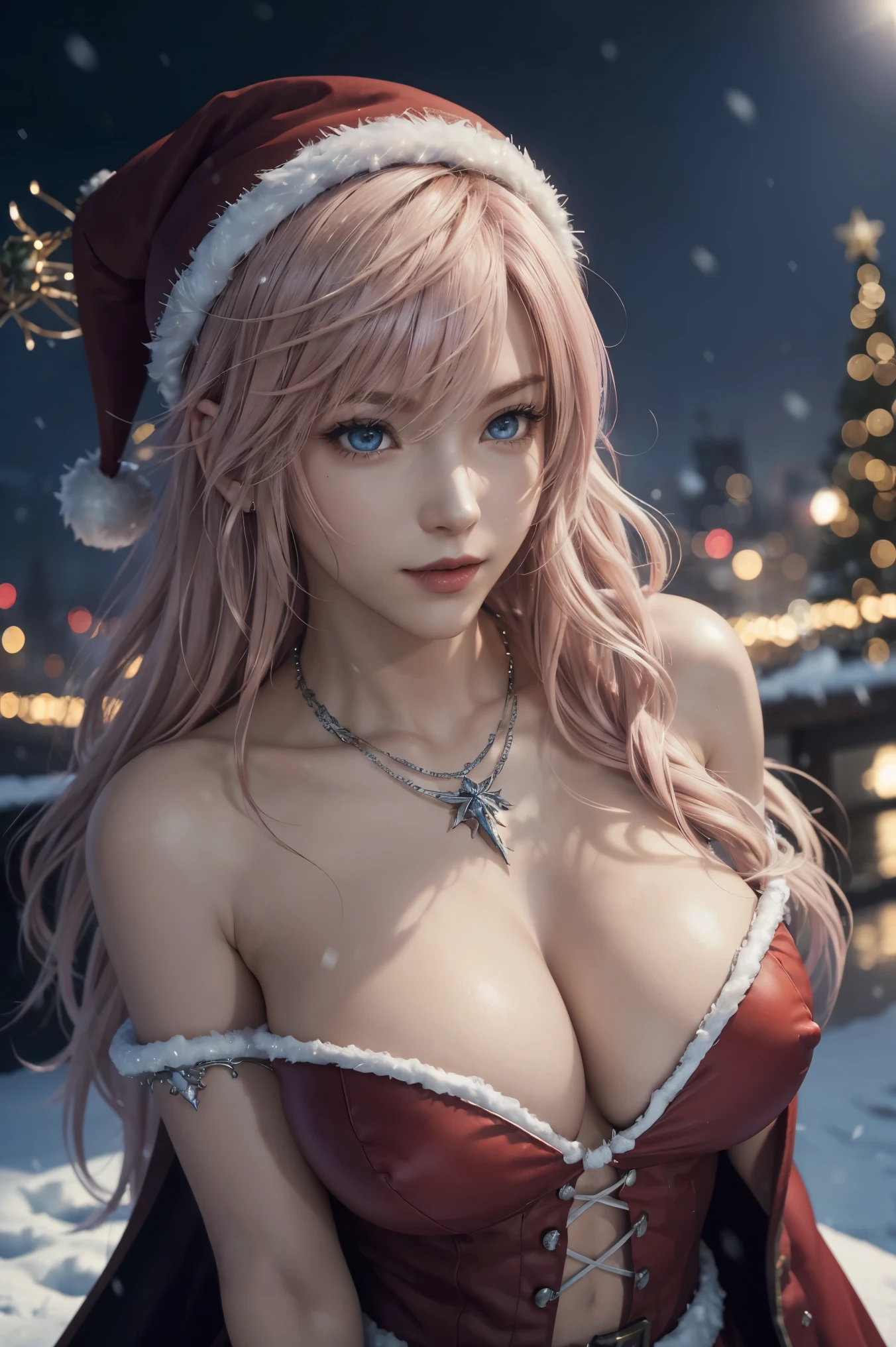 The best piece,Artistically beautiful,Lightning,Final Fantasy 13,FF1 pink blonde,Medium Hair,Light permed hair,Curly hair on one side,Letting down your bangs,A beautiful Blue eyes,beautiful and high nose,santa costume,Santa's Hat,christmas armor,Santa Claus's coat,Use blizzard magic,Photorealsitic,An ultra-high picture quality,hightquality,​masterpiece,Digital SLR,Detailed details,Intricate details,Based on anatomical grounds,Depicted in detail,Detailed face,realistic skin textures,Vivid details,perfect anatomia,perfect anatomia,Anatomically correct hand,Anatomically correct fingers,Super Detail,Complex 3D Rendering,Colossal tits(hiding breast),sexy  pose,bright red claws,beautiful christmas,final fantasy cityscape,Fantasy worldview,Gorgeous Christmas Tree,white Christmas,neon color,Beautiful cityscape,mysterious snow scene,It's snowing,,Picturesque beauty,Photograph the whole body,9 head body,Red Lip,Beautiful curly hair,Luxurious necklace,emphasize the beautiful whole body,Beautiful nails,A smile,