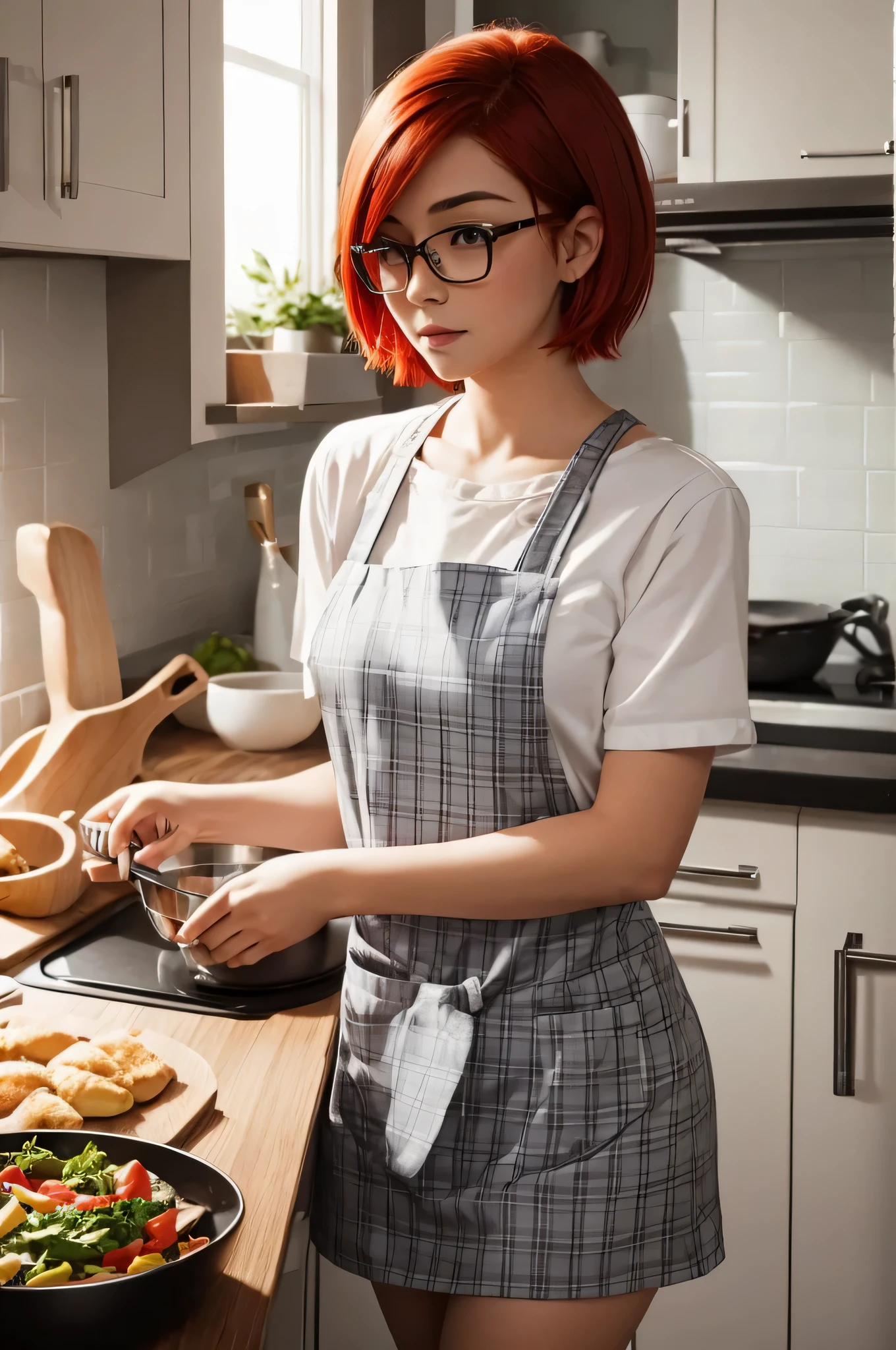 23-year-old woman with pixie-cut red hair. tiene pecas. Lleva gafas. Lleva un delantal mientras prepara la cena..