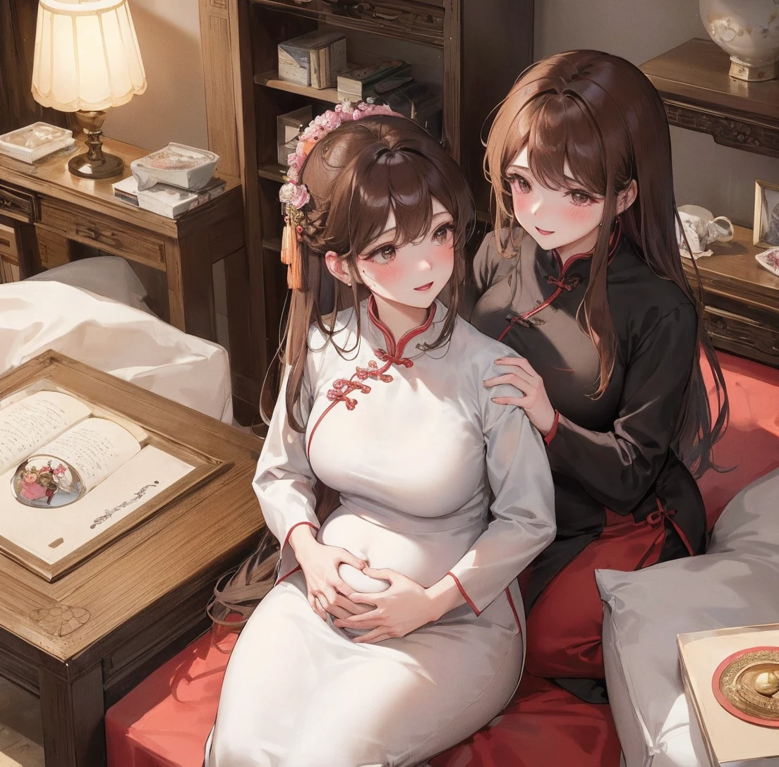 masterpiece, best quality, married woman， aldult, Chinese style, China, elder sister,  Smile, hairpin，brown hair, Princess，Full of motherhood，China传统服饰，purely，blush，Dignified yet lively，Mother，Hands on the stomach，Mature，Pregnant，Beautifully，pregnancy，wife