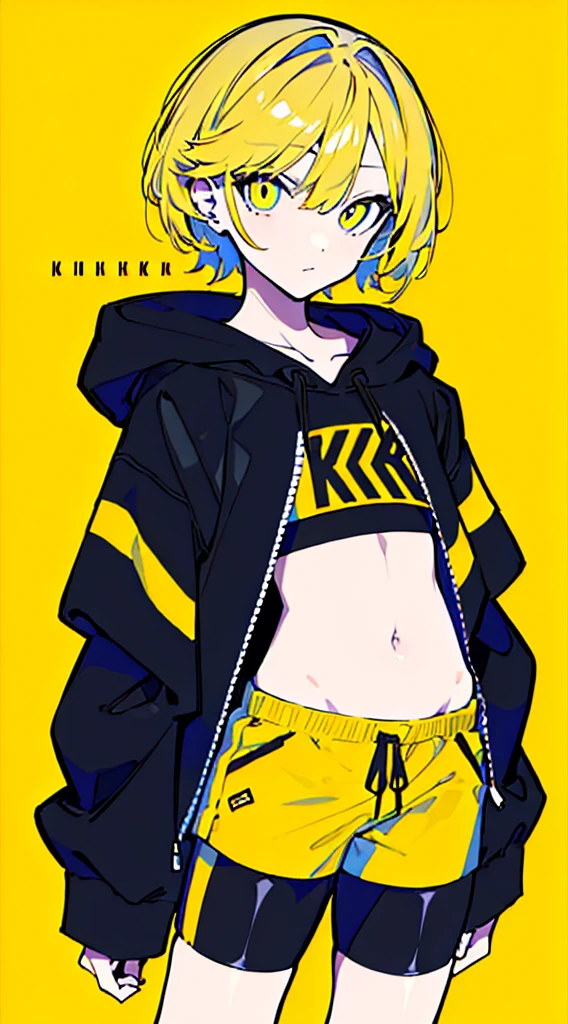 (masterpiece, highest quality:1.6), alone, thick outline, (simple background, Dark yellow background, monochrome, dark yellow theme:1.2), official art, Key Visual, 8K, disorganized, whole body, (Unique hair, Oversized Hoodies, hot pants, arch back, short torso:1.2), belly button, thighs, cowboy shot, HDR, sharp focus, High resolution, most detailed, very detailed, Super detailed, finely, detailed eyes and face, sharp pupils, realistic student
