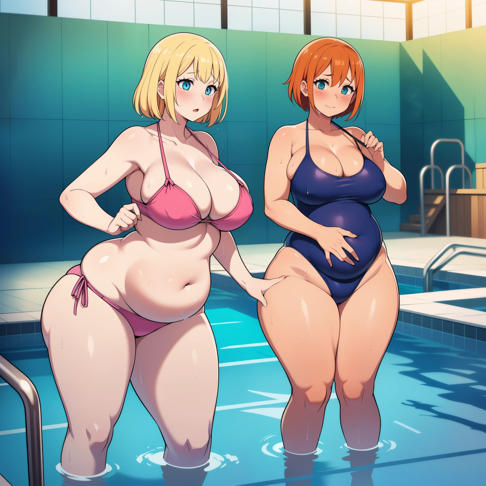 ((highres)), Masterpiece, high quality, best quality, beautiful, perfect lighting, detailed face, ultra cute face, wet, ((2girls)), ((blush)), one girl has blonde hair, blue eyes, side tie bikini, one girl has orange hair, green eyes, one piece bathing suit ,tight clothes, indoor pool, medium breasts, cleavage, perky breasts, ((wide hips)), (thick thighs), (pudgy), standing next to each other, belly grab, sexually suggestive