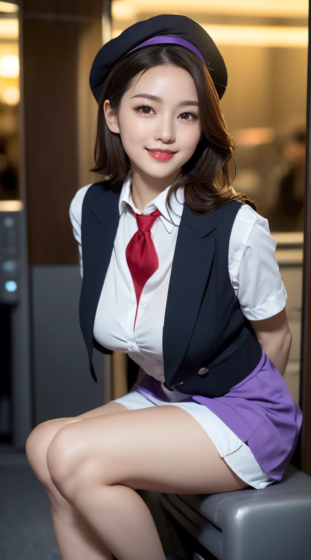 (((full body,including legs、sitting down,opened legs apart)))、(((perfect uniform of Japanese stewardess, perple uniform,necktie, purple vest-dress uniform、purple small hat, (black high-heel), little smile,white blouse,tight blouse、purple tight skirt))), white gloves, short gloves, high heel、(((transparant nipples,stands out nipples))),Dressed up、(Photo real:1.4)、(A hyper-realistic:1.4)、(Photorealistic:1.3)、 (gentle lighting: 1.05)、(Improve the lighting quality of your video:0.9)、32k、 1Girl、28years old girl、photorealistic lighting、Back lighting、Facial Lights、Ray Trace、(bright:1.2)、(Increase quality:1.4)、 (best quality real texture skin)、Fair eyes,Delicate and delicate face, Close-up of the breasts, white blouse,tight blouse,tight jump-skirt , (Bodyline mood improvement:1.1)、Glossy skin、wavy hair,blonde hair,韓国アイドル、乃木坂アイドル、Sculptural Idol Pose、little smile,blush,Beautiful actress、Neat woman,whole body, (((midium breasts,beautiful breasts))),(perfect row of teeth),slender waist and hip,beautiful long legull shot)、((8heads tall)、(((誘惑している、恥ずかしい)))、dynamic pose,gravure pose,(eye shadow),((red cheek、red lips)),Super Clean Night View、night time、blush,little smile,(((full shot)))、Super Clean Night View、night time、blush,little smile,(((in the air plane))),