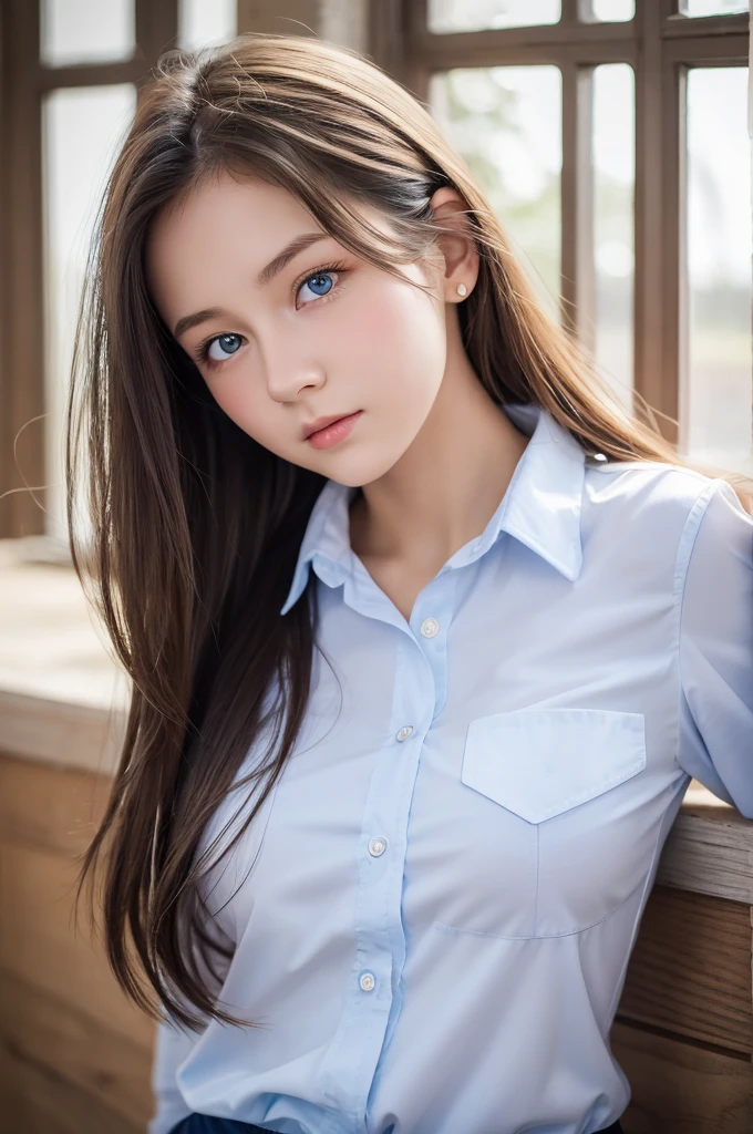 bright look、photorealism、highest quality、Super high resolution、The most beautiful Nordic girls photos、cute and beautiful face details、small face、school uniform、big breasts、Slender、、Crystal clear white skin、big light blue eyes、short bob、cowboy shot