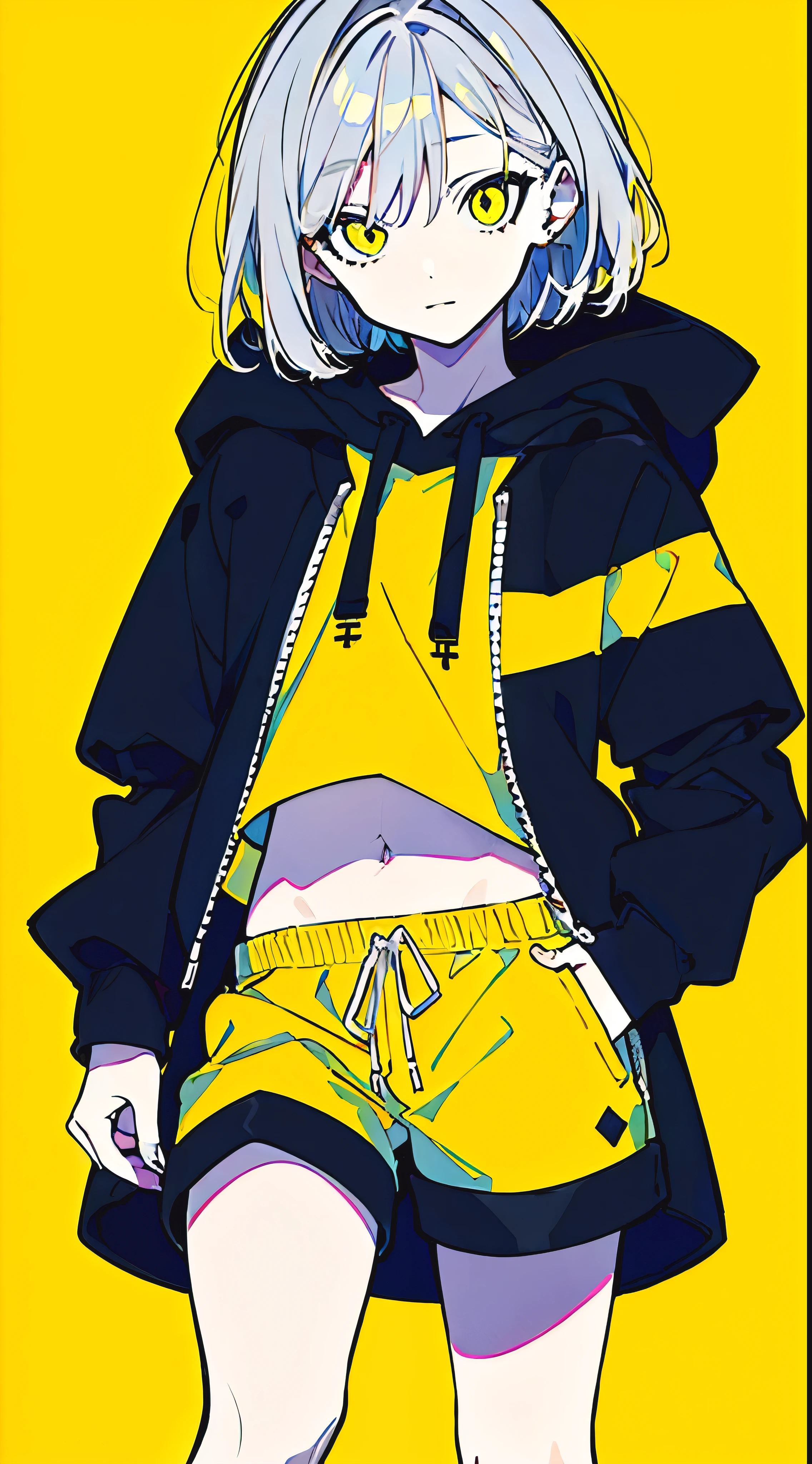 (masterpiece, highest quality:1.6), alone, thick outline, (simple background, Dark yellow background, monochrome, dark yellow theme:1.2), official art, Key Visual, 8K, confused, whole body, (Unique hair, oversized hoodie, hot pants, arch back, short torso:1.2), belly button, thighs, cowboy shot, HDR, sharp focus, High resolution, most detailed, very detailed, Super detailed, finely, detailed eyes and face, sharp pupils, realistic student