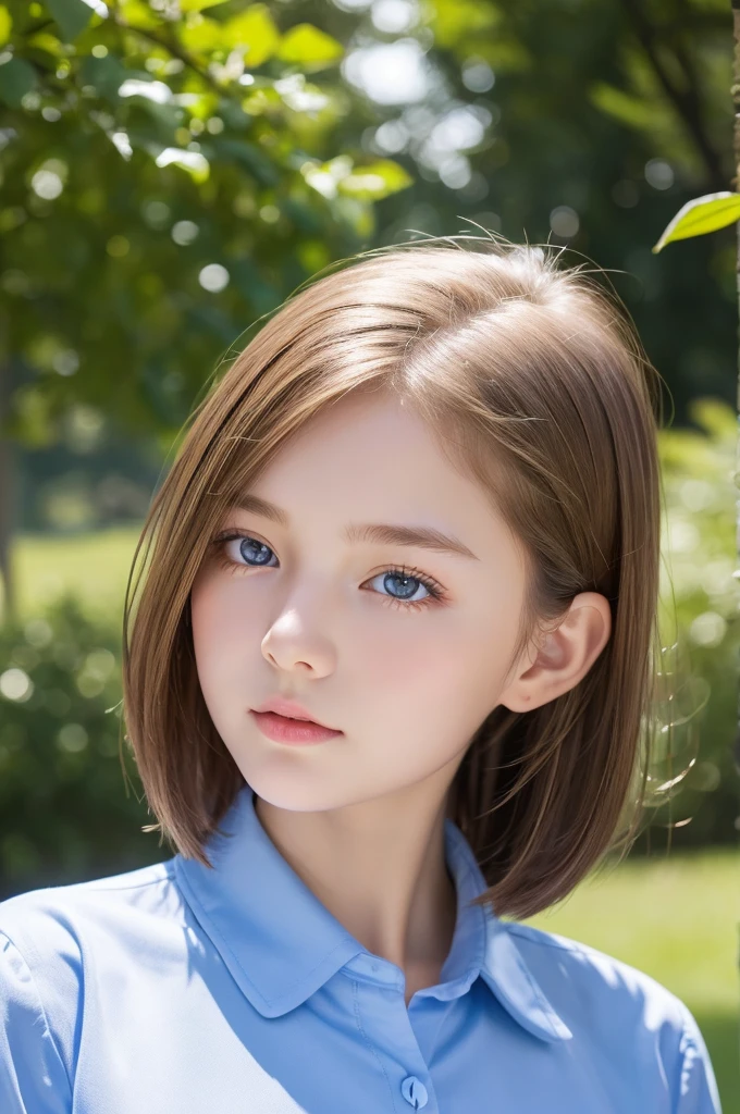 bright look、photorealism、highest quality、Super high resolution、The most beautiful Nordic girls photos、cute and beautiful face details、small face、school uniform、big breasts、Slender、、Crystal clear white skin、big light blue eyes、short bob、cowboy shot